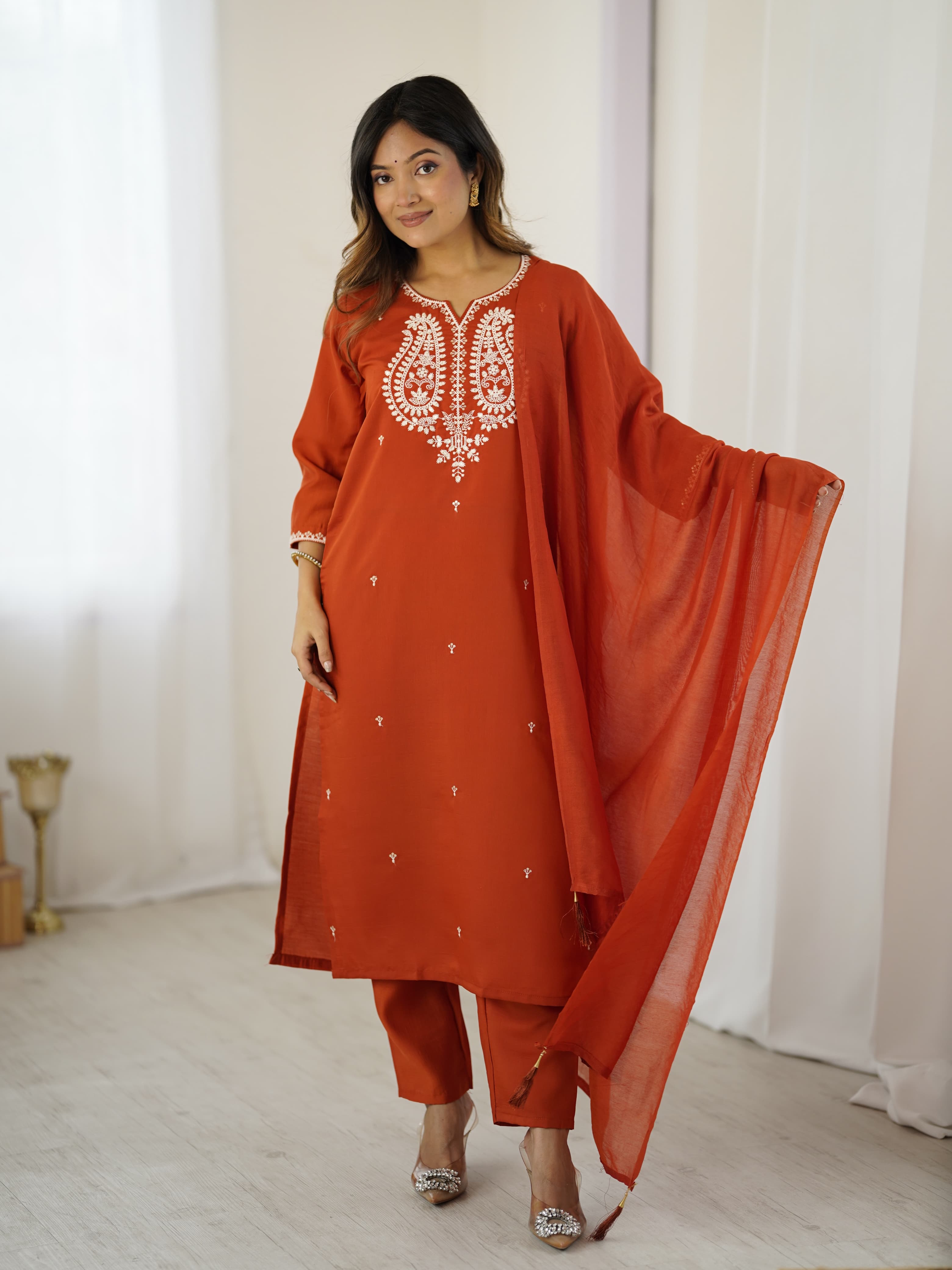 Rust Chanderi Silk Straight Kurta Pant Set with Matching Sheer Dupatta