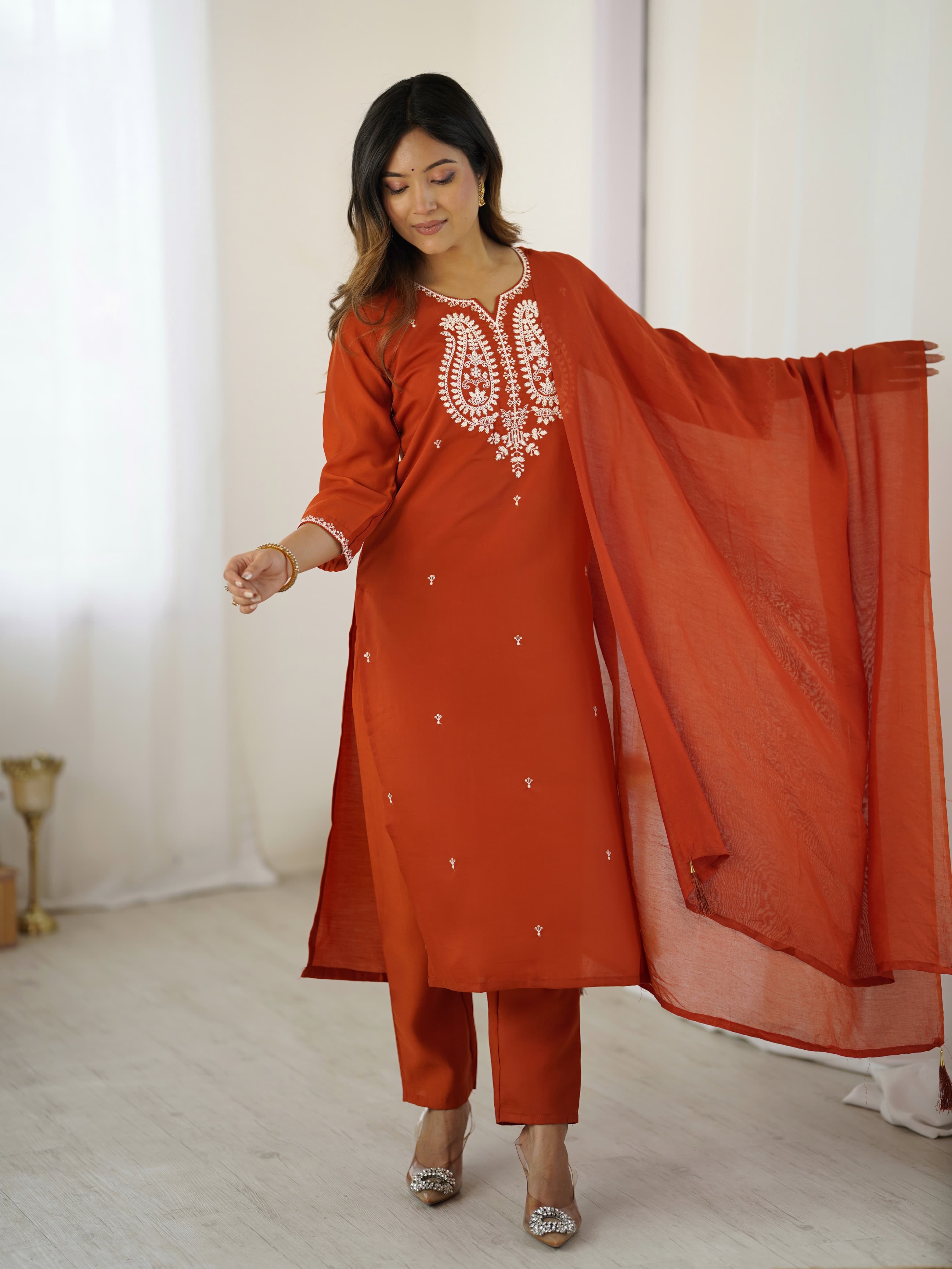 Rust Chanderi Silk Straight Kurta Pant Set with Matching Sheer Dupatta