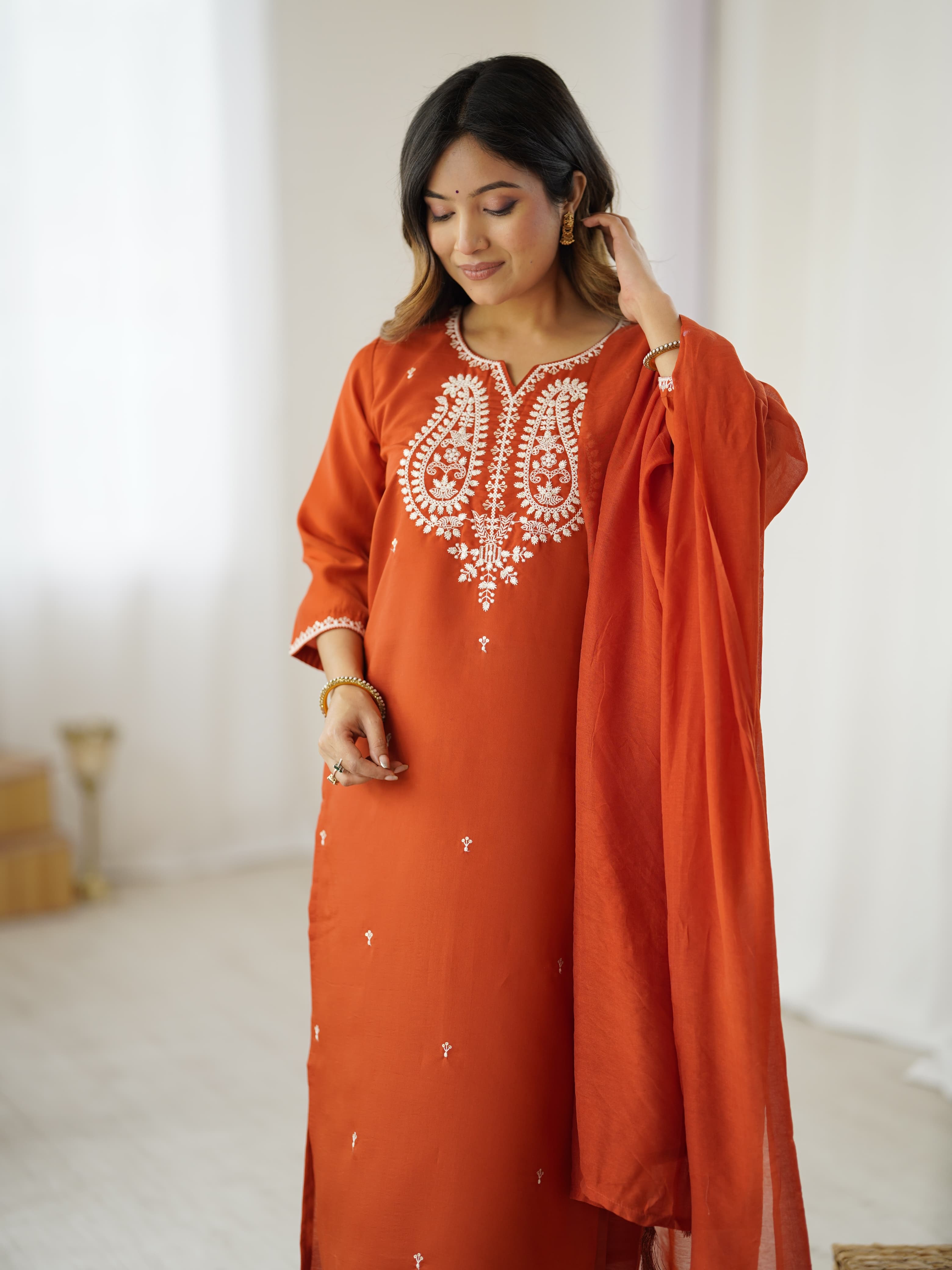 Rust Chanderi Silk Straight Kurta Pant Set with Matching Sheer Dupatta