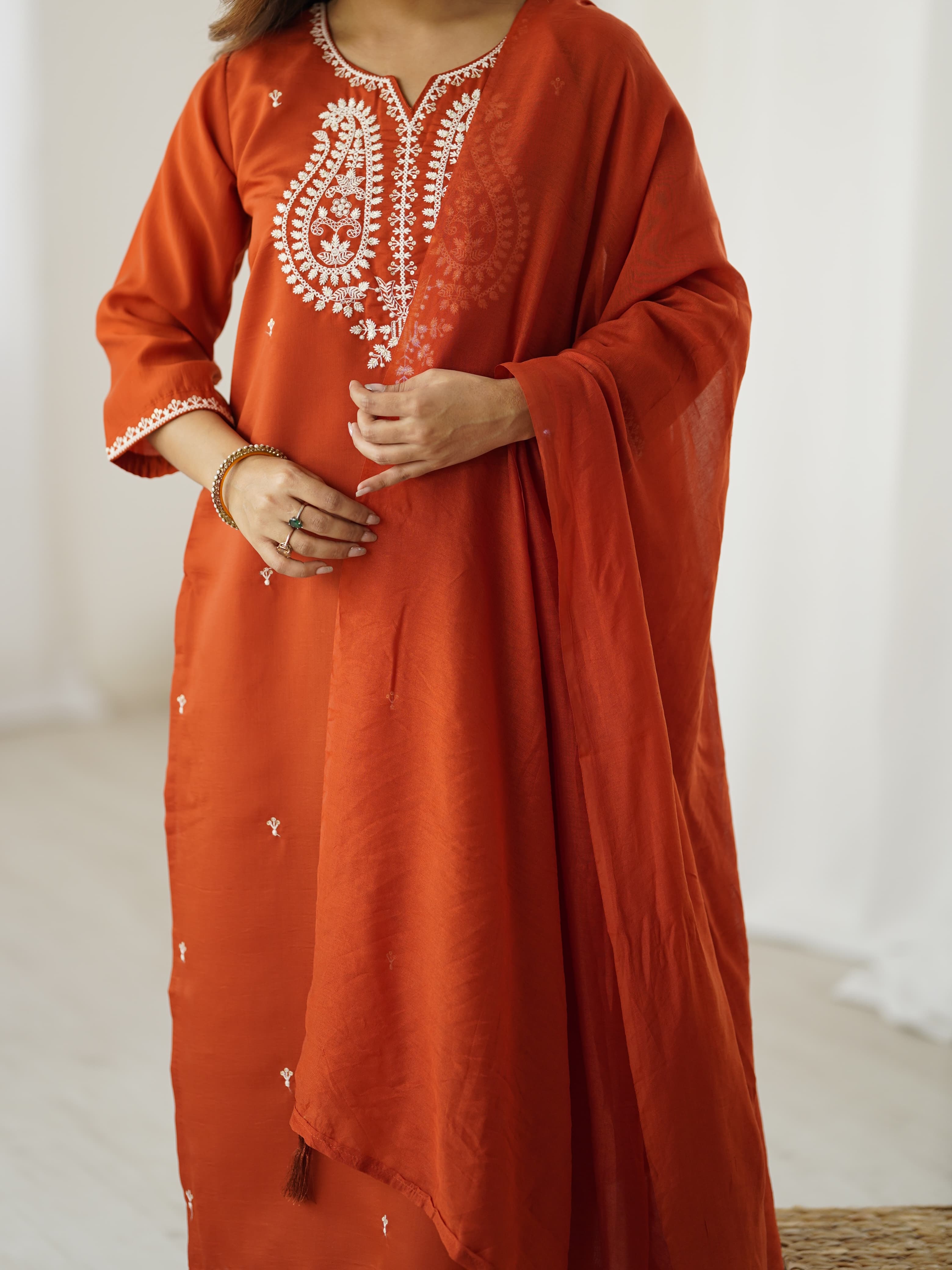 Rust Chanderi Silk Straight Kurta Pant Set with Matching Sheer Dupatta