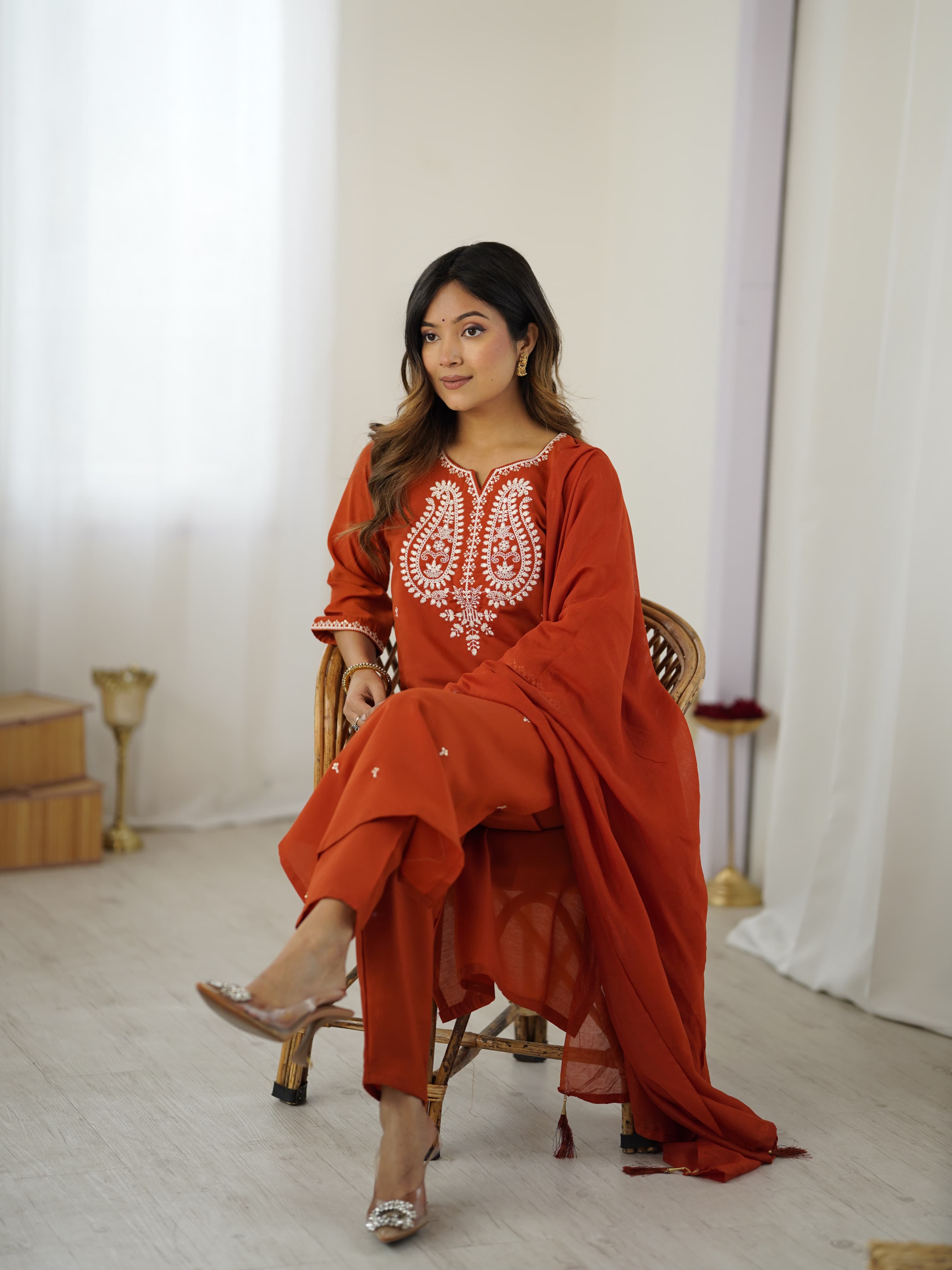 Rust Chanderi Silk Straight Kurta Pant Set with Matching Sheer Dupatta