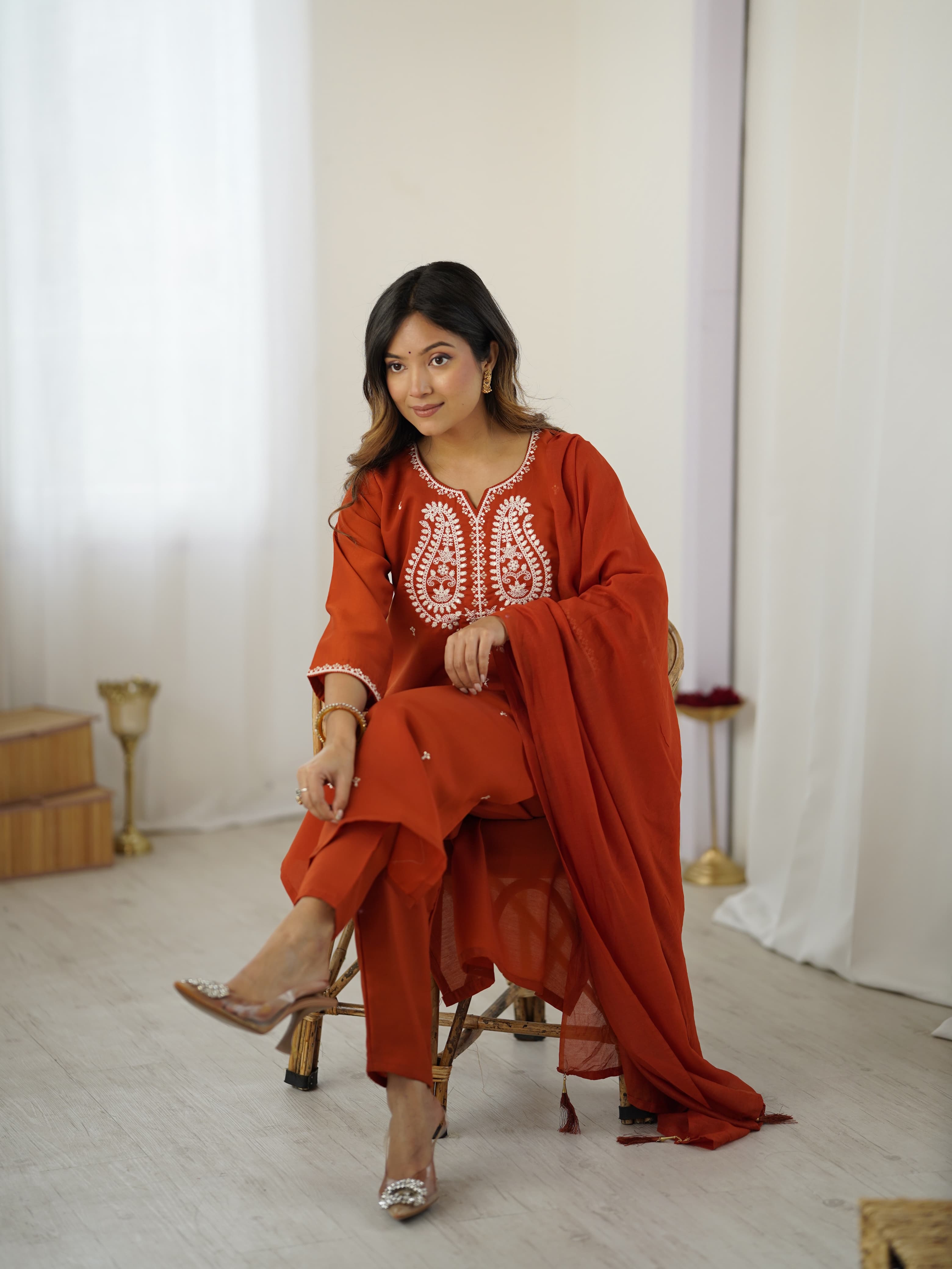 Rust Chanderi Silk Straight Kurta Pant Set with Matching Sheer Dupatta