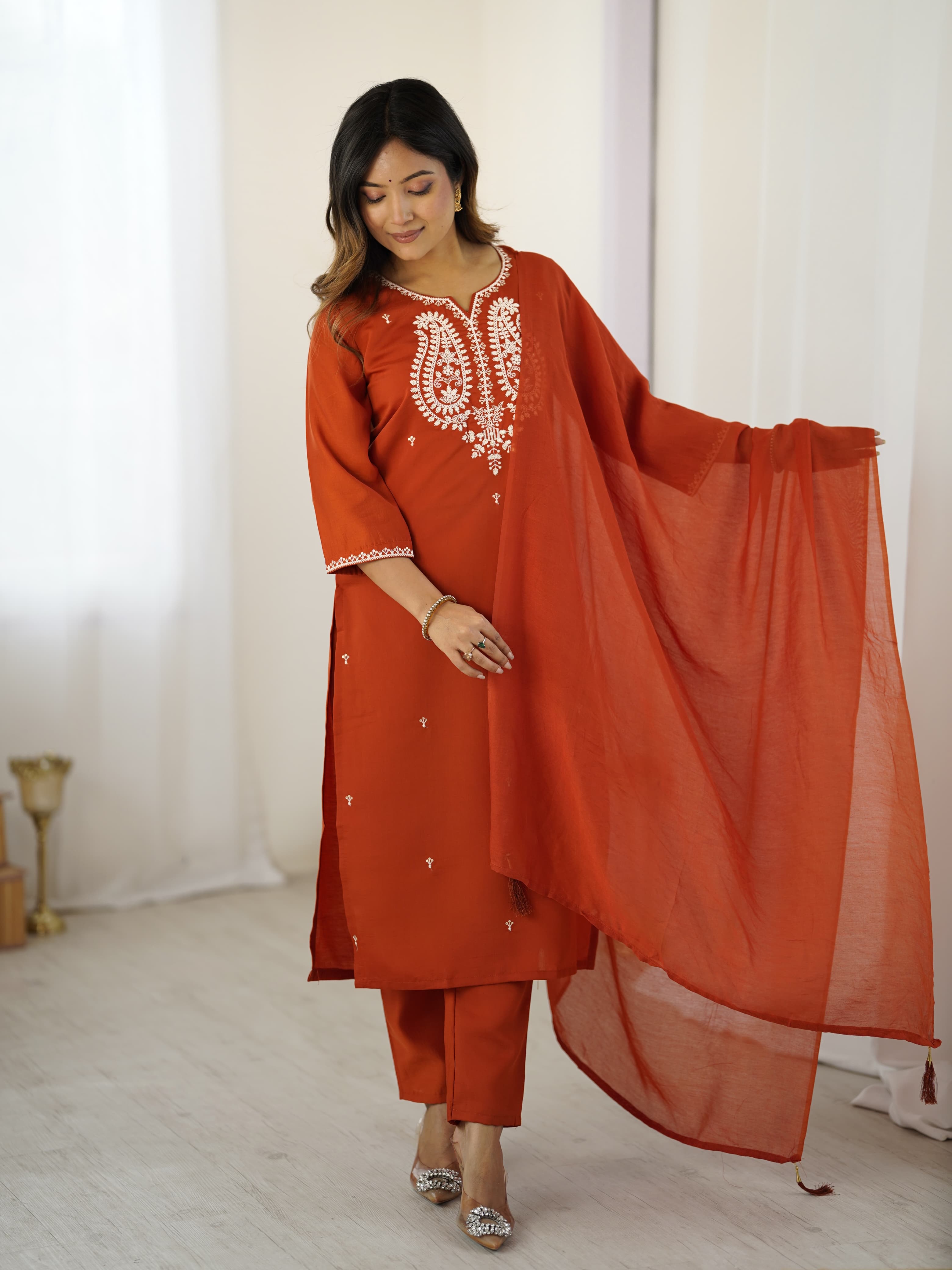 Rust Chanderi Silk Straight Kurta Pant Set with Matching Sheer Dupatta