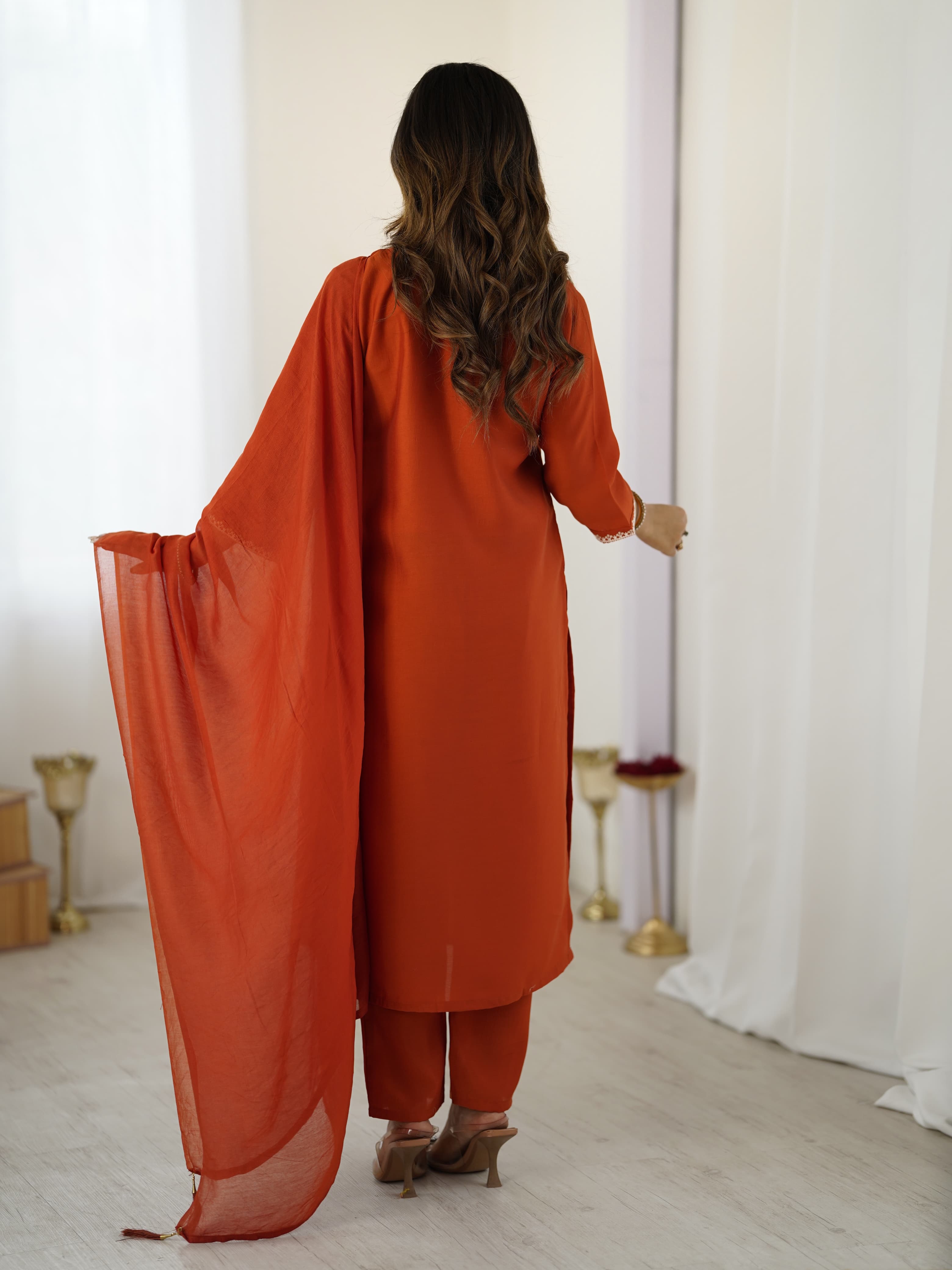 Rust Chanderi Silk Straight Kurta Pant Set with Matching Sheer Dupatta
