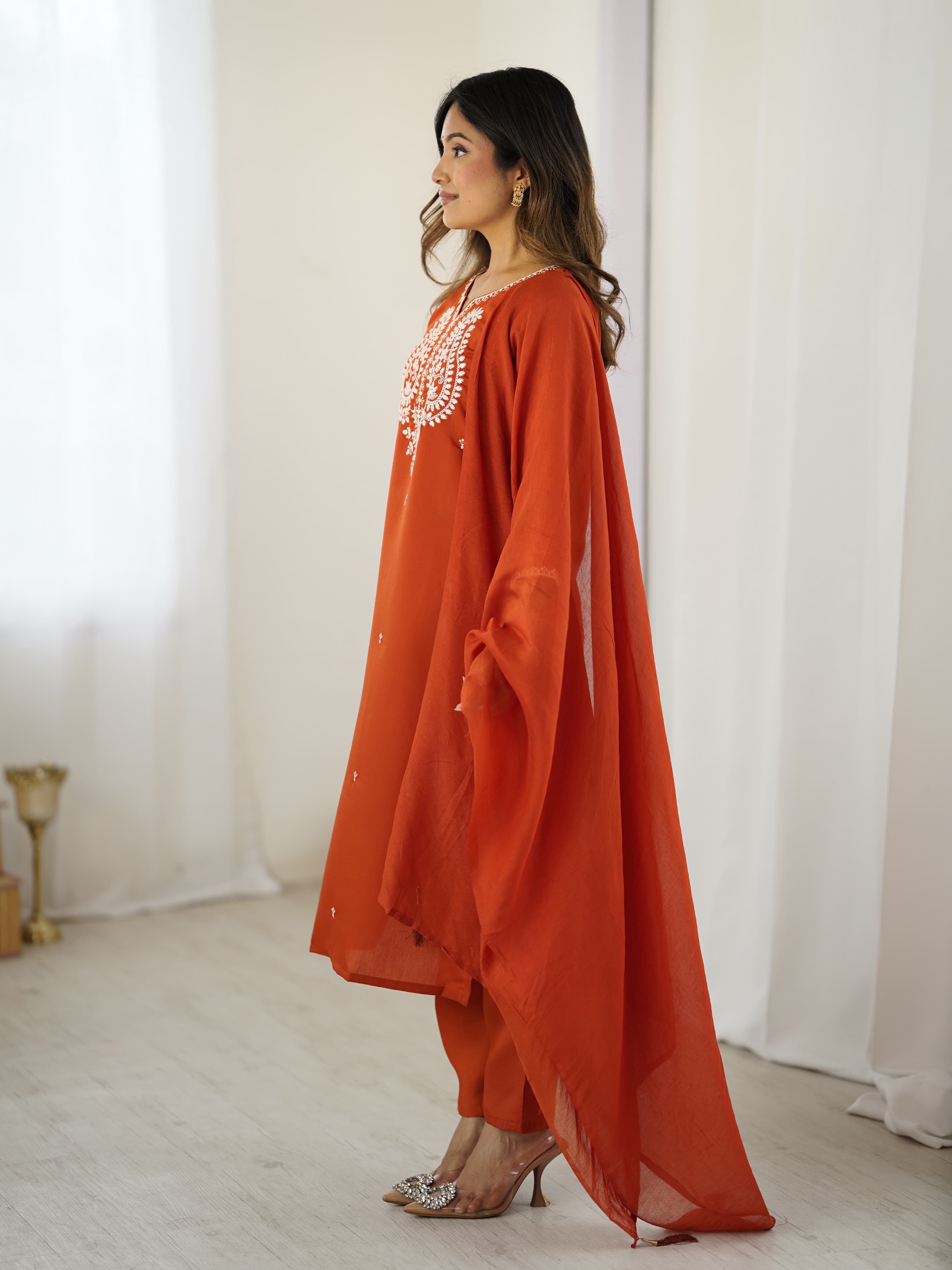 Rust Chanderi Silk Straight Kurta Pant Set with Matching Sheer Dupatta