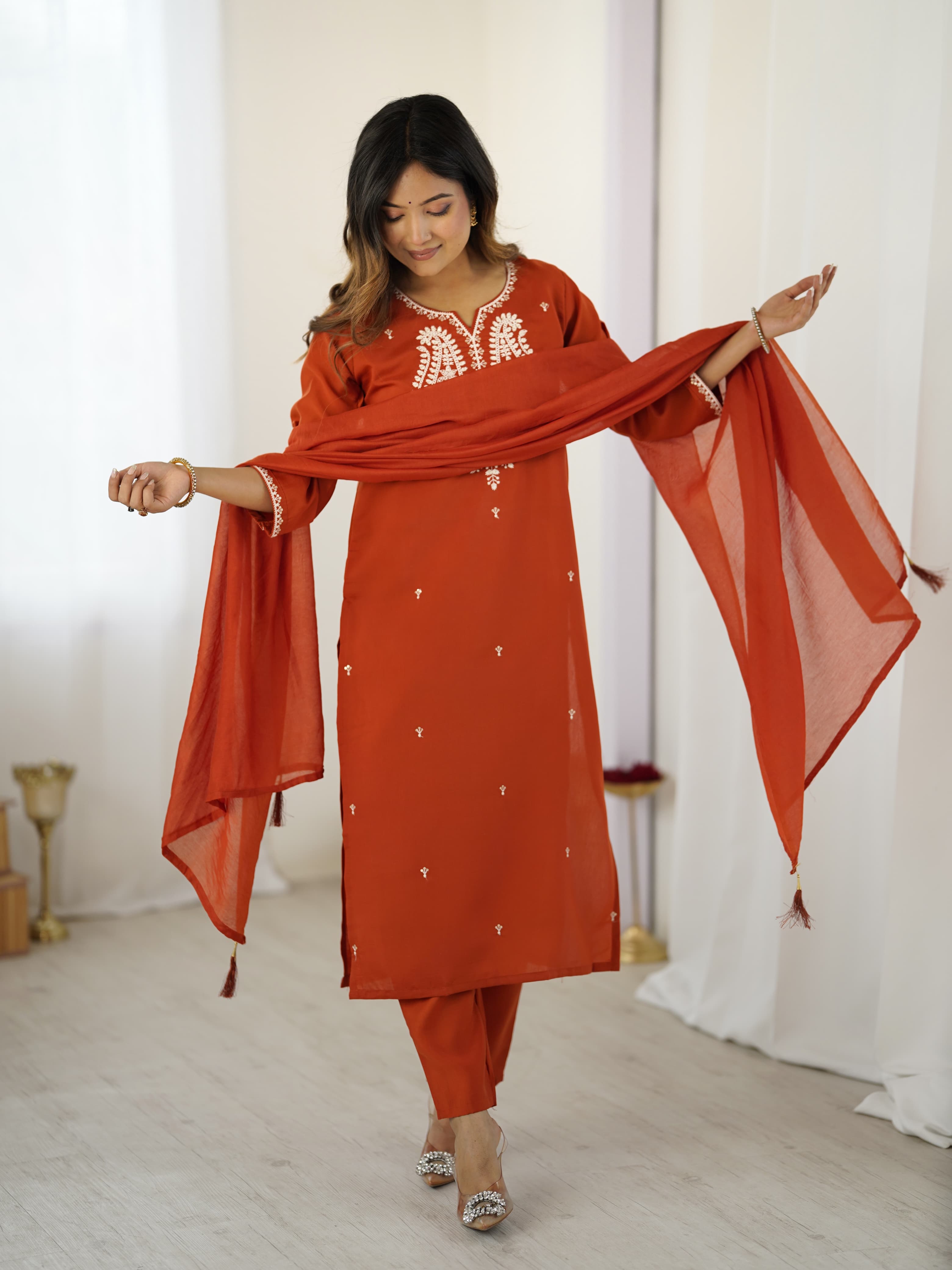 Rust Chanderi Silk Straight Kurta Pant Set with Matching Sheer Dupatta