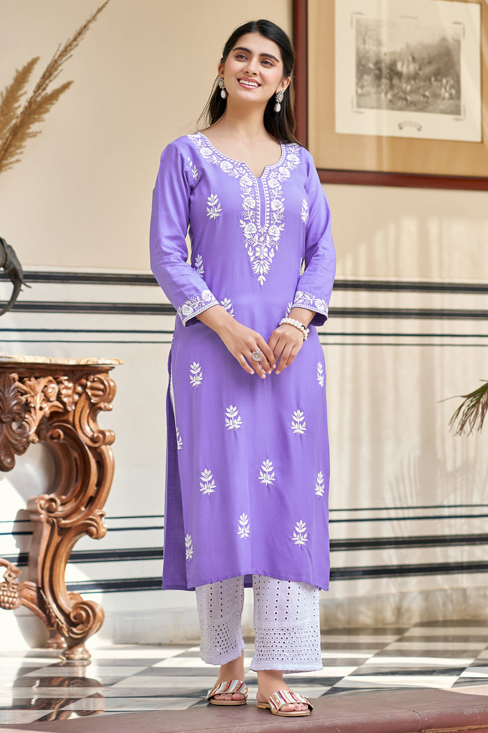 Lavender Rayon Chikankari Style Embroidered Kurta Pant Set