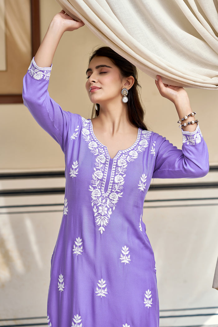 Lavender Rayon Chikankari Style Embroidered Kurta Pant Set