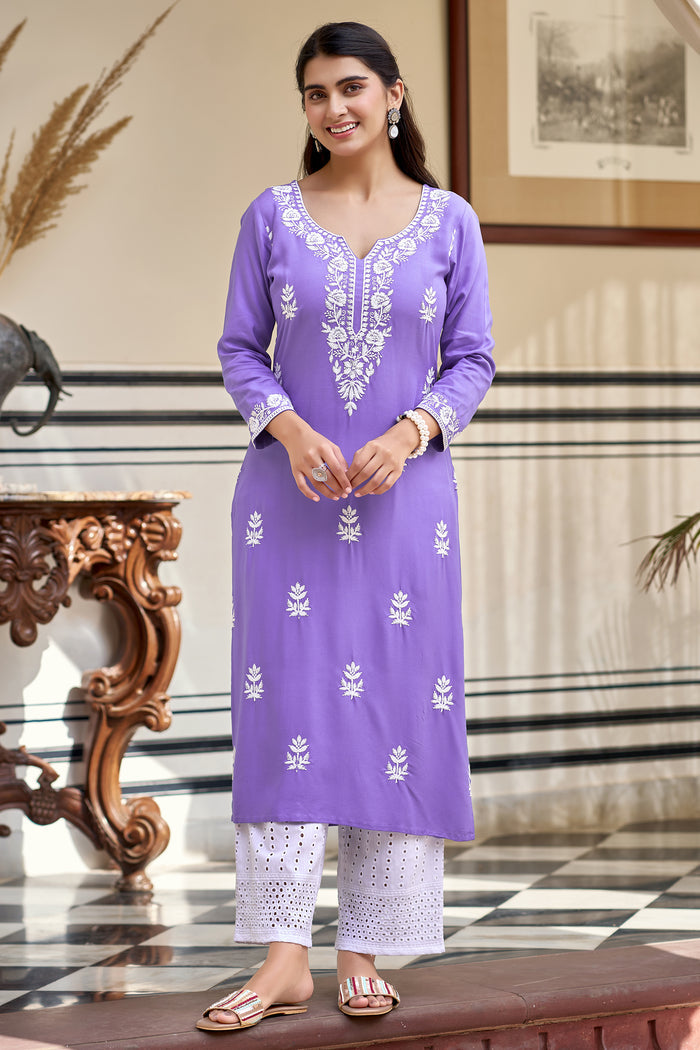 Lavender Rayon Chikankari Style Embroidered Kurta Pant Set