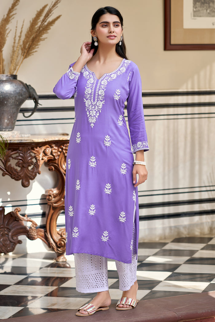 Lavender Rayon Chikankari Style Embroidered Kurta Pant Set