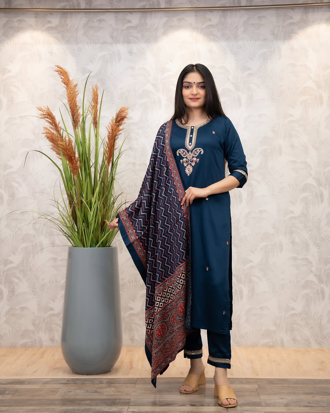 Navy Blue Chanderi Silk Embroidered Straight Kurta Pant Set with Dupatta