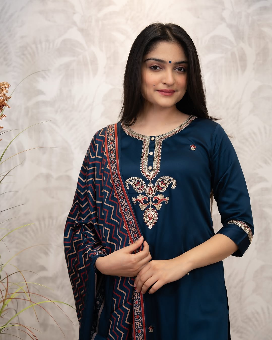 Navy Blue Chanderi Silk Embroidered Straight Kurta Pant Set with Dupatta
