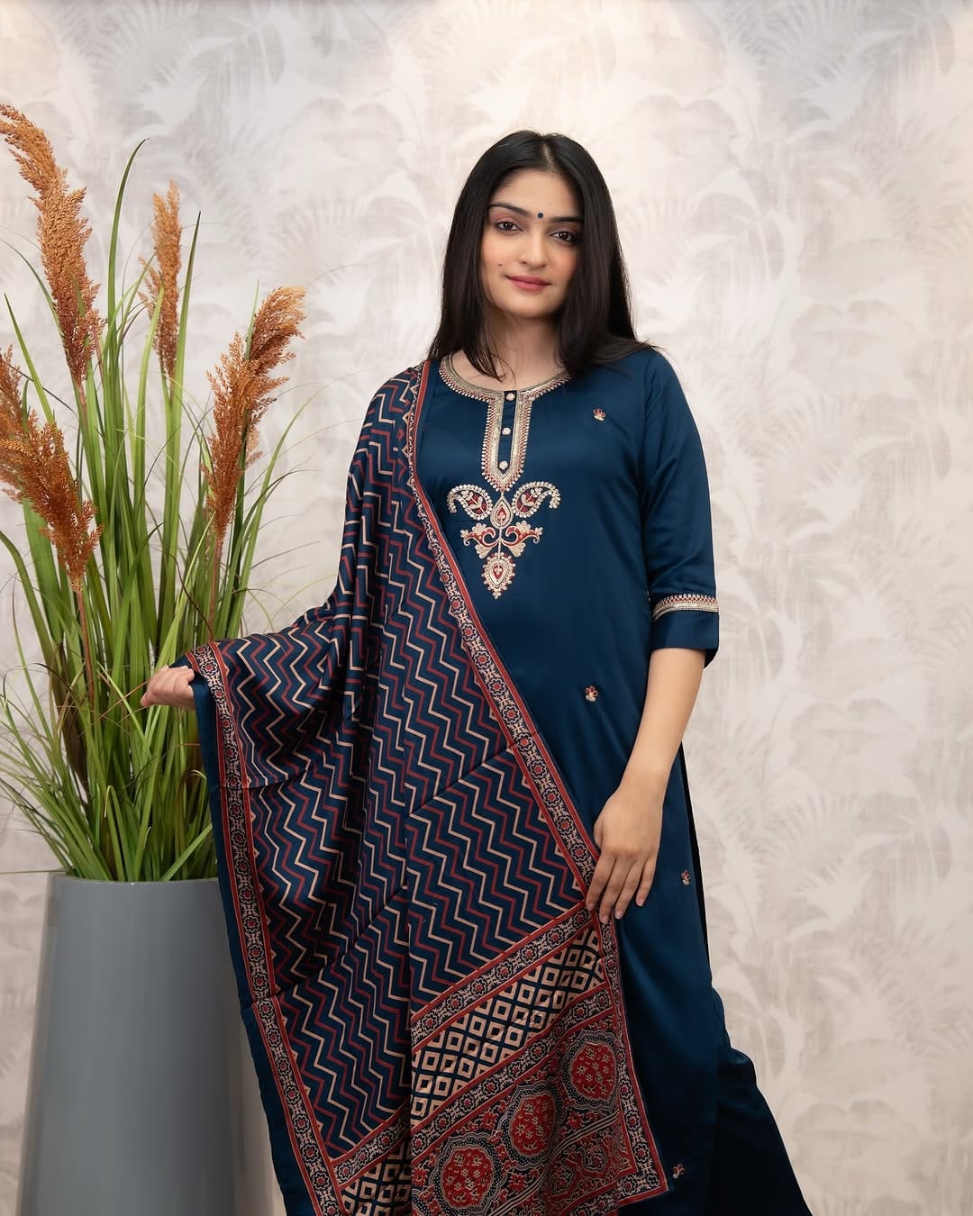 Navy Blue Chanderi Silk Embroidered Straight Kurta Pant Set with Dupatta