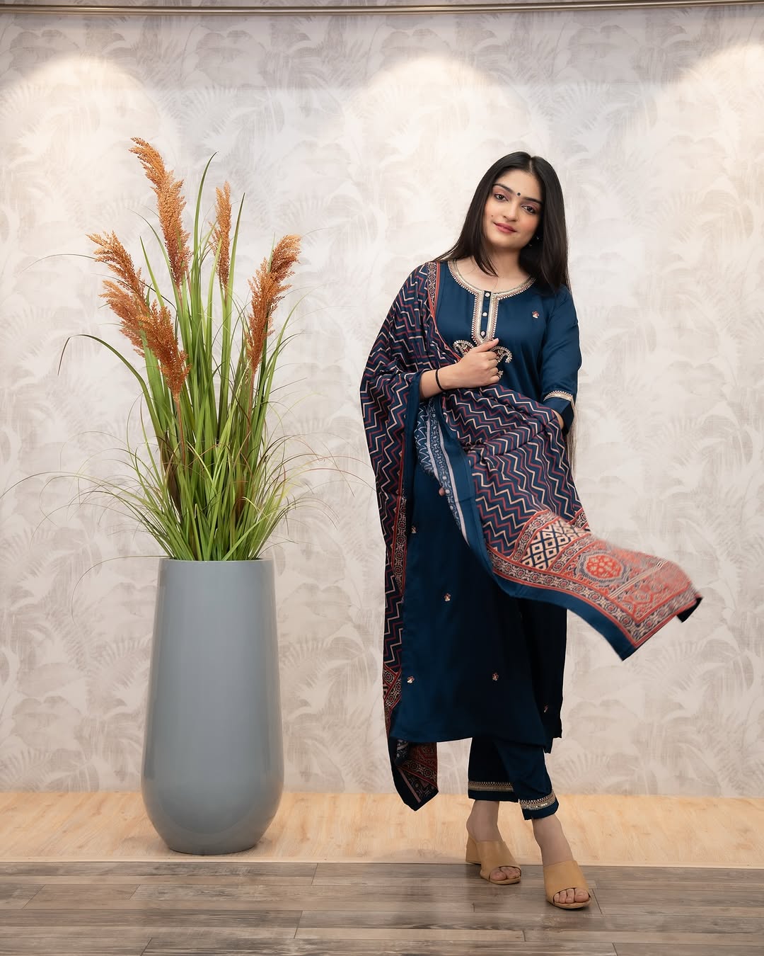 Navy Blue Chanderi Silk Embroidered Straight Kurta Pant Set with Dupatta