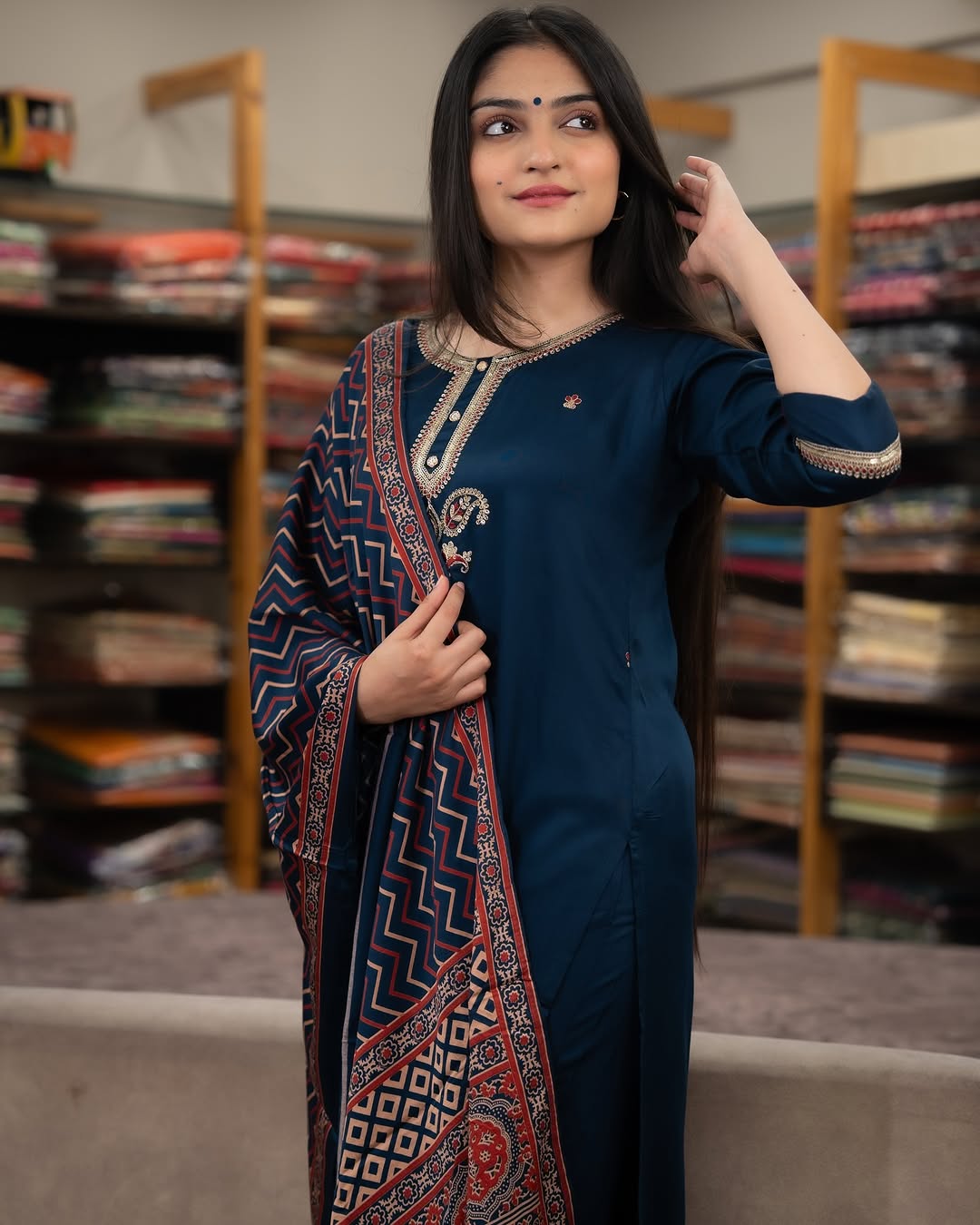Navy Blue Chanderi Silk Embroidered Straight Kurta Pant Set with Dupatta
