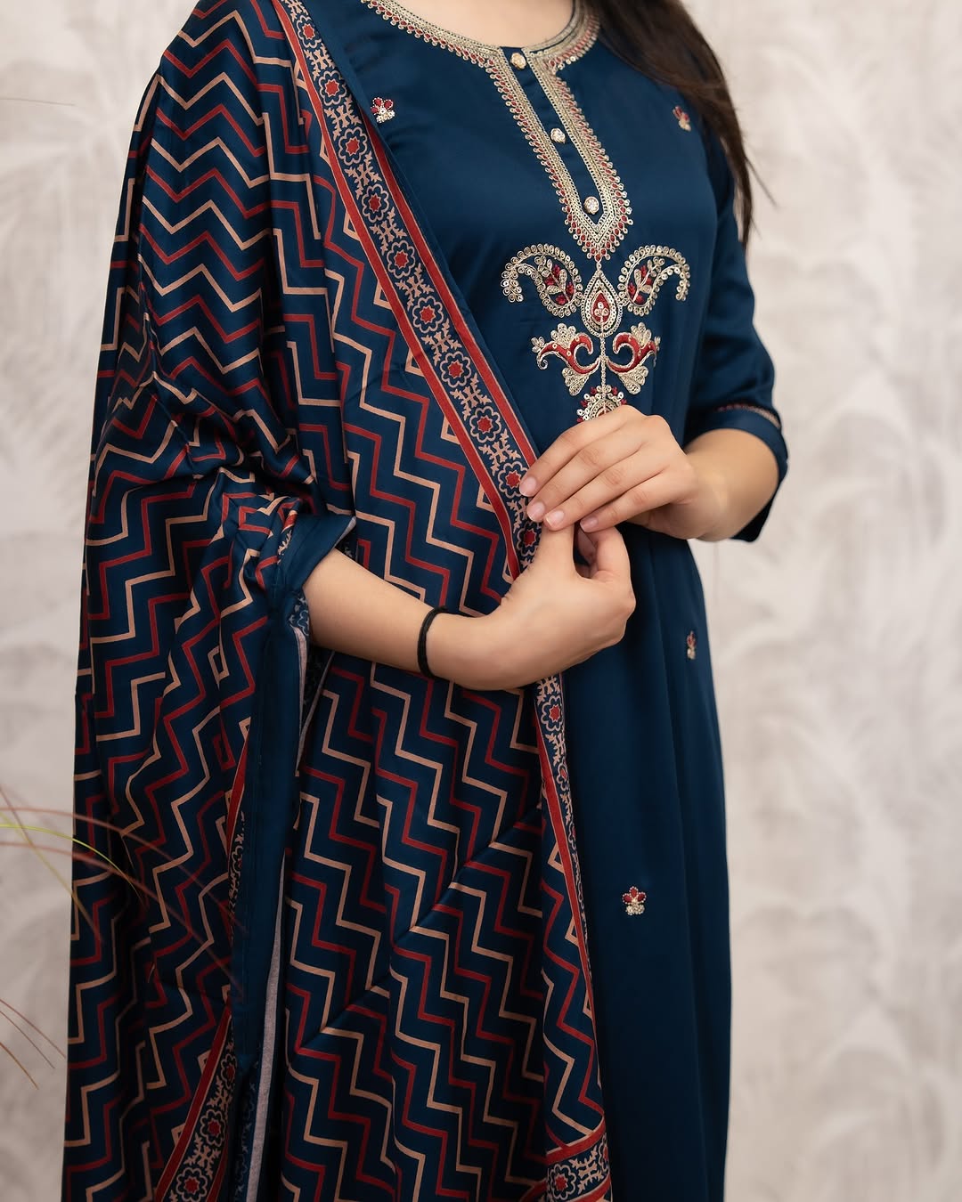 Navy Blue Chanderi Silk Embroidered Straight Kurta Pant Set with Dupatta
