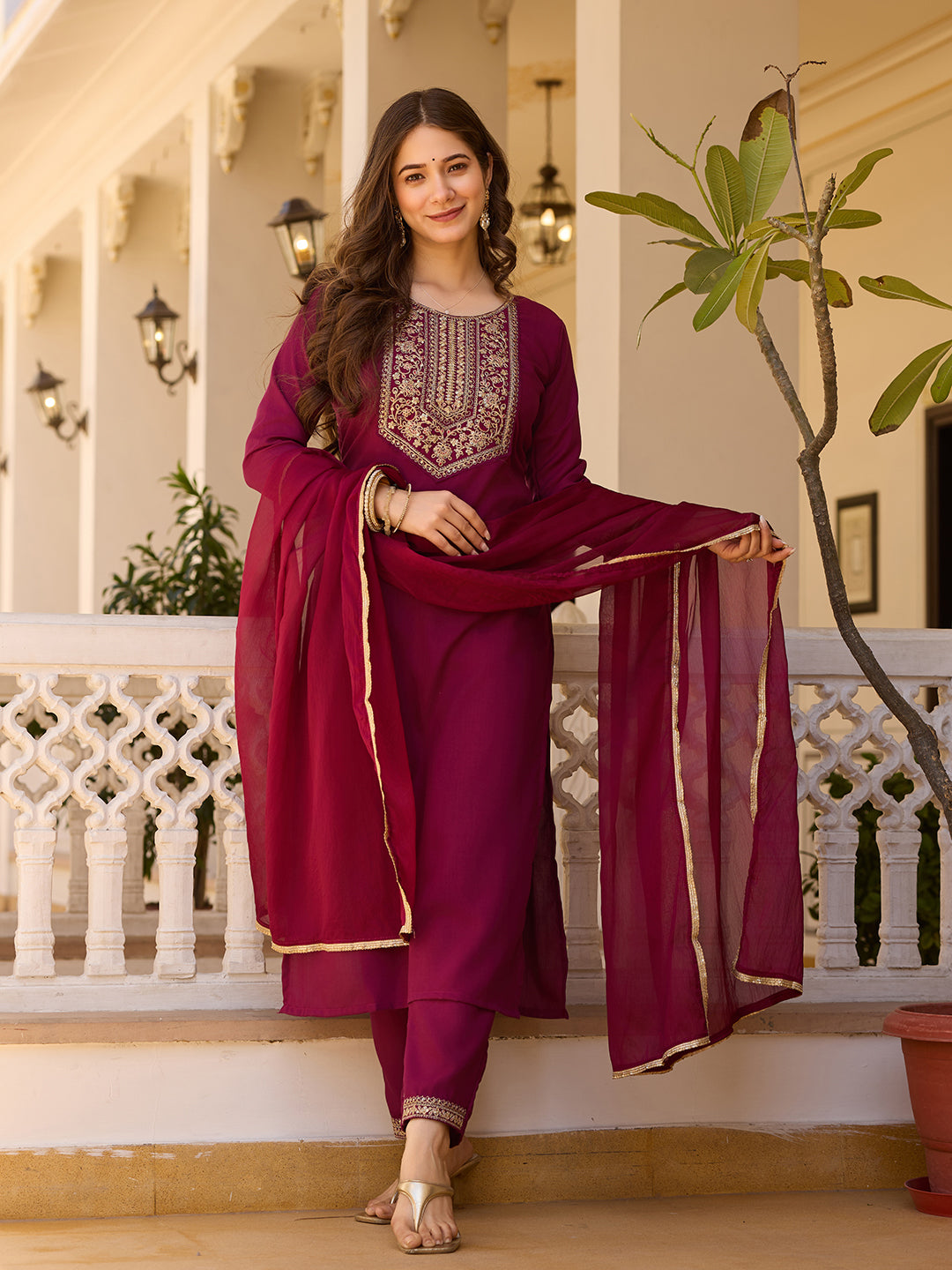 Wine Rayon Straight Kurta Pant Set with Dupatta