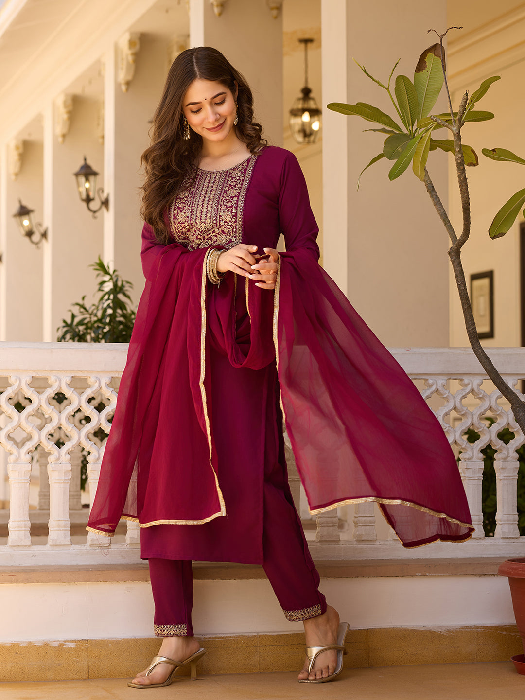 Wine Rayon Straight Kurta Pant Set with Dupatta