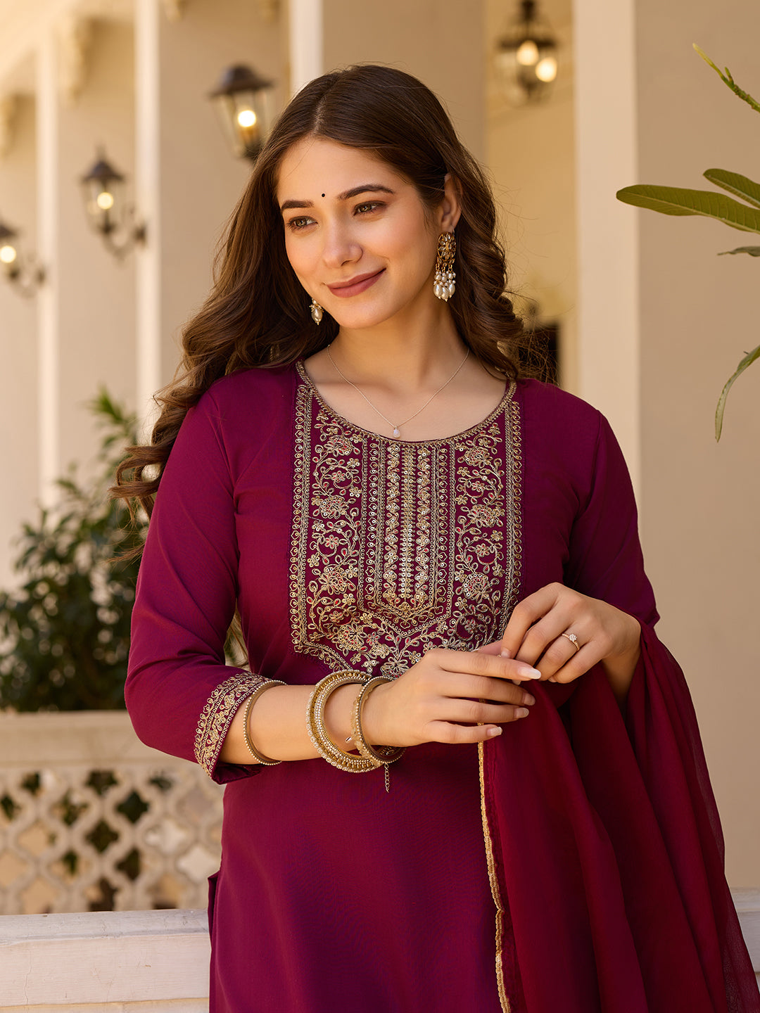 Wine Rayon Straight Kurta Pant Set with Dupatta