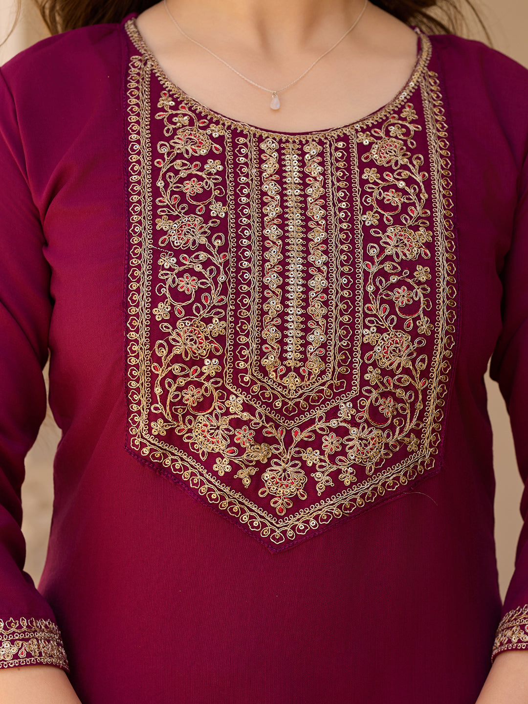 Wine Rayon Straight Kurta Pant Set with Dupatta
