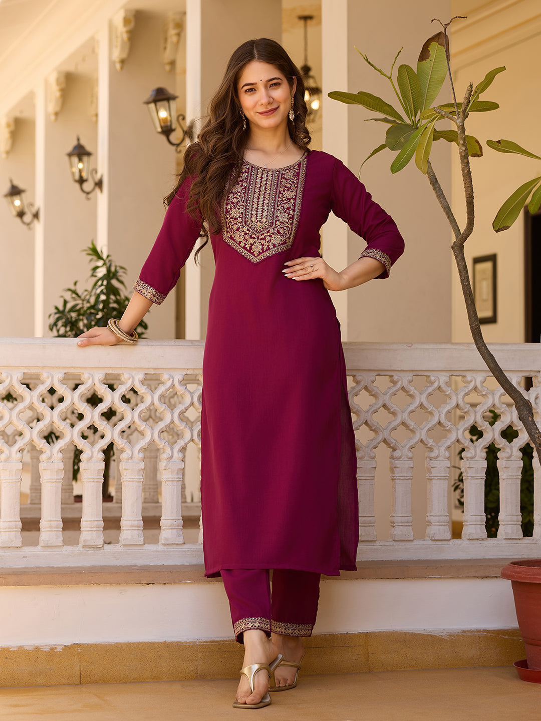 Wine Rayon Straight Kurta Pant Set with Dupatta