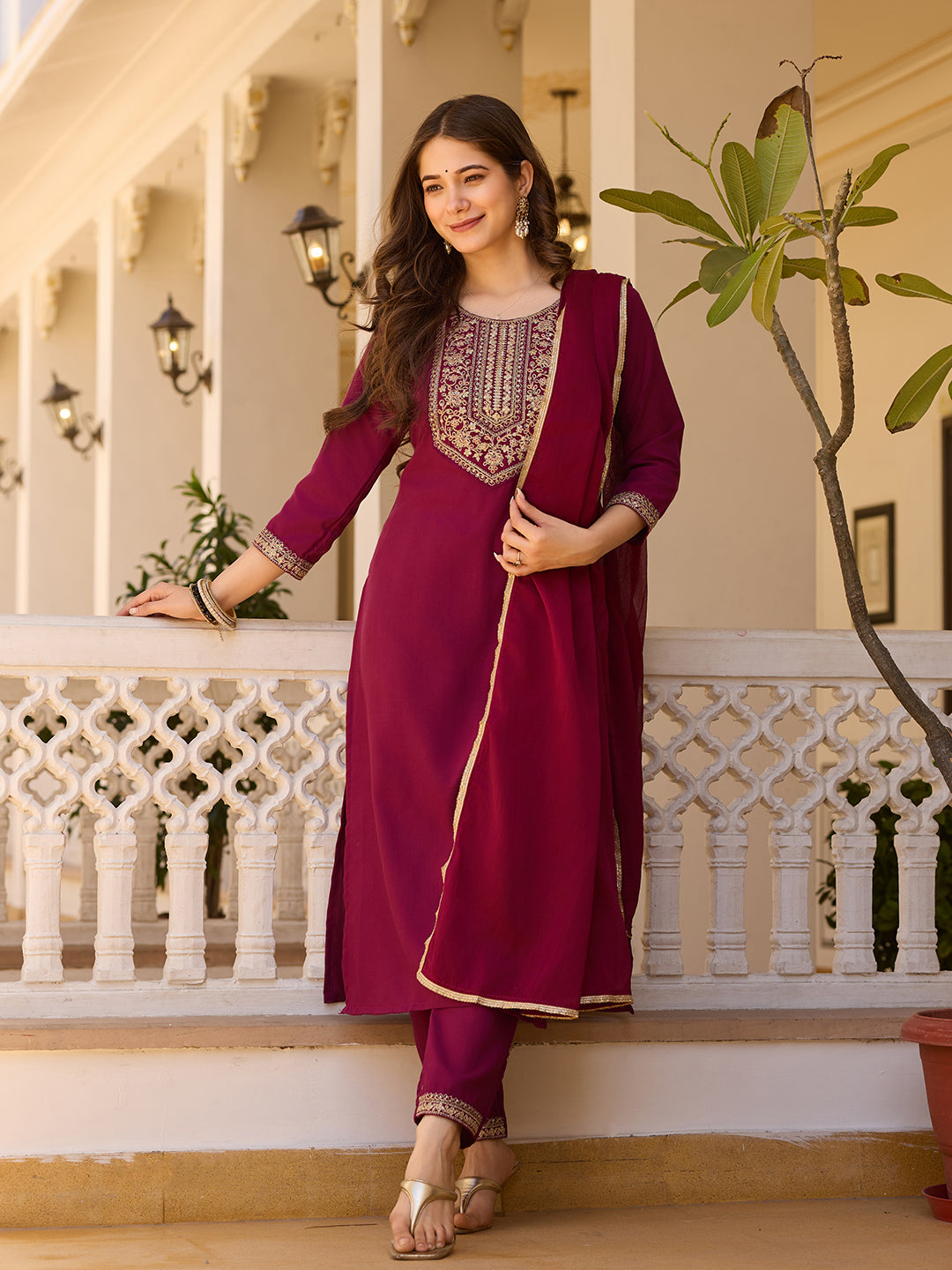Wine Rayon Straight Kurta Pant Set with Dupatta