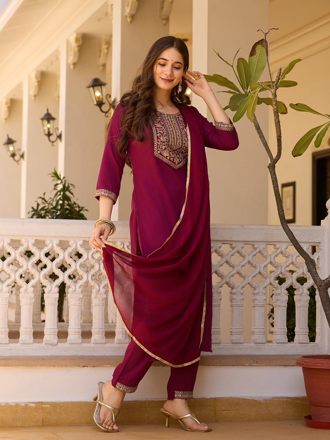 Wine Rayon Straight Kurta Pant Set with Dupatta