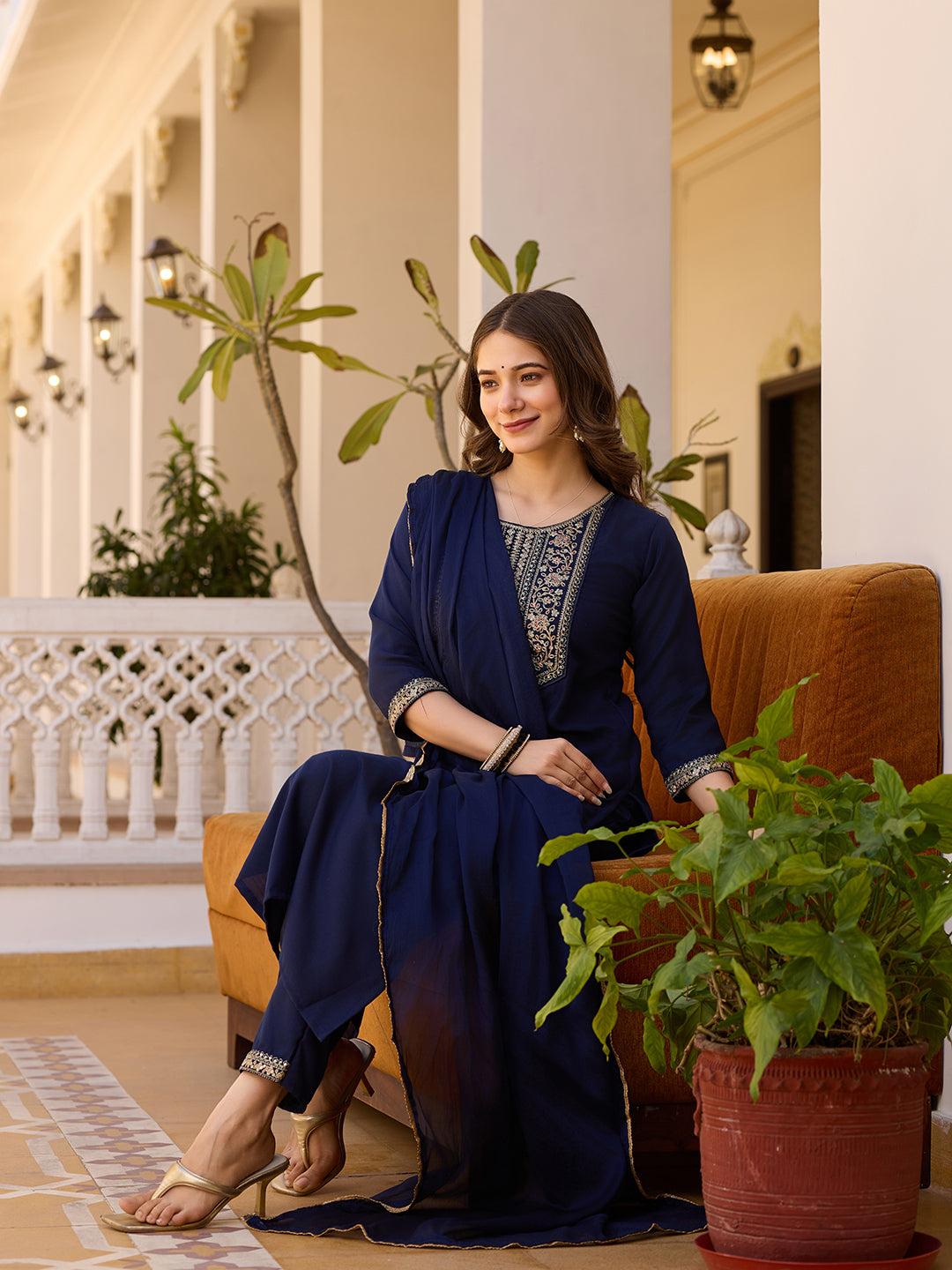Navy Blue Rayon Straight Kurta Pant Set with Dupatta