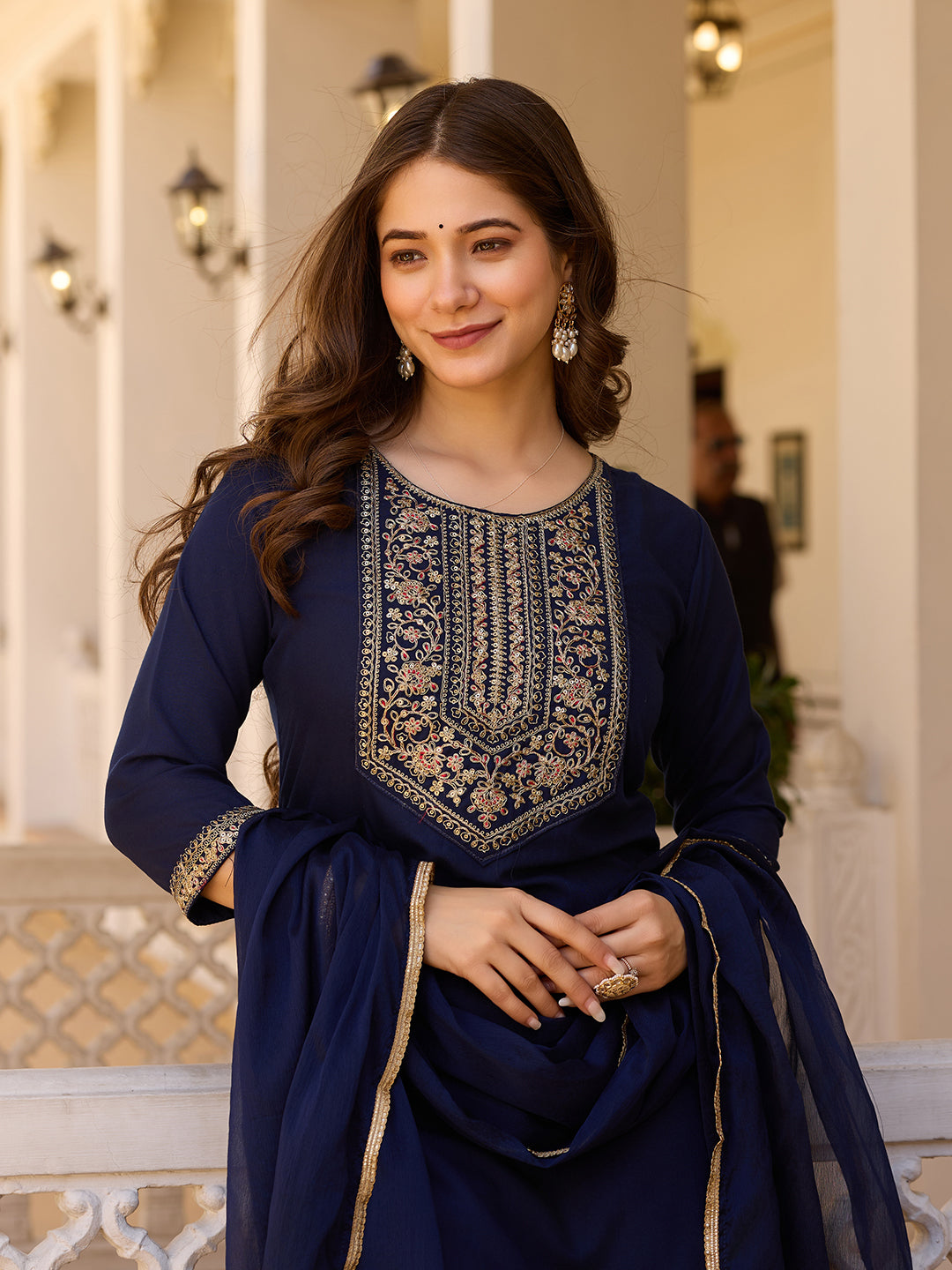Navy Blue Rayon Straight Kurta Pant Set with Dupatta