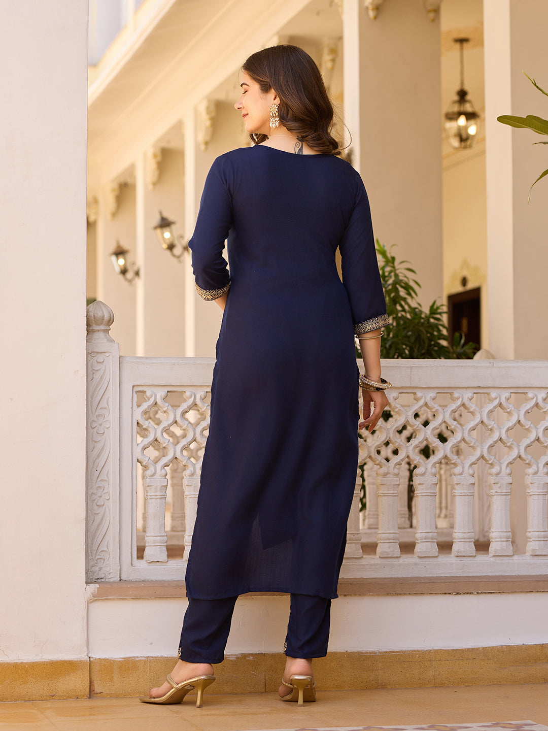Navy Blue Rayon Straight Kurta Pant Set with Dupatta