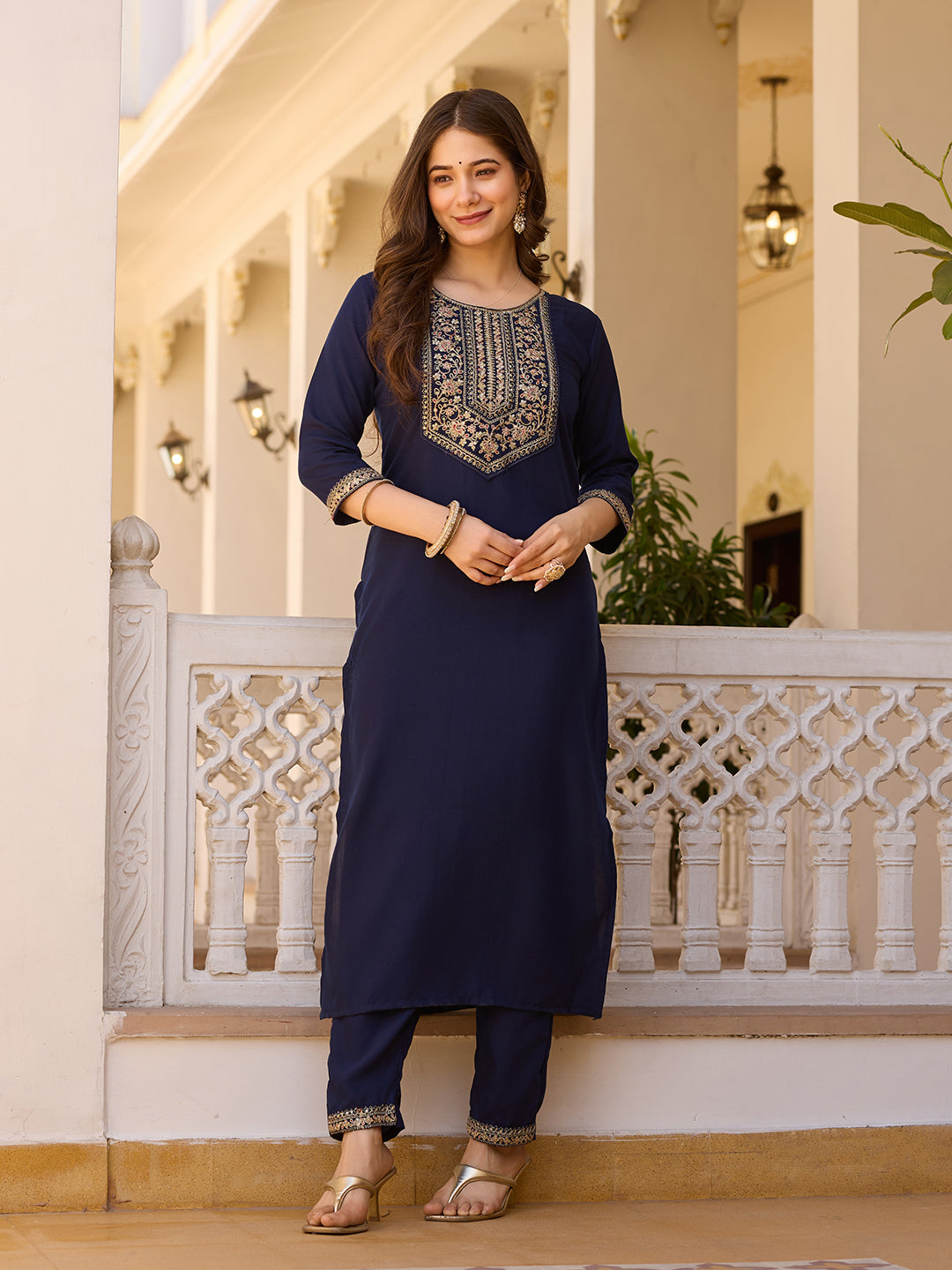 Navy Blue Rayon Straight Kurta Pant Set with Dupatta