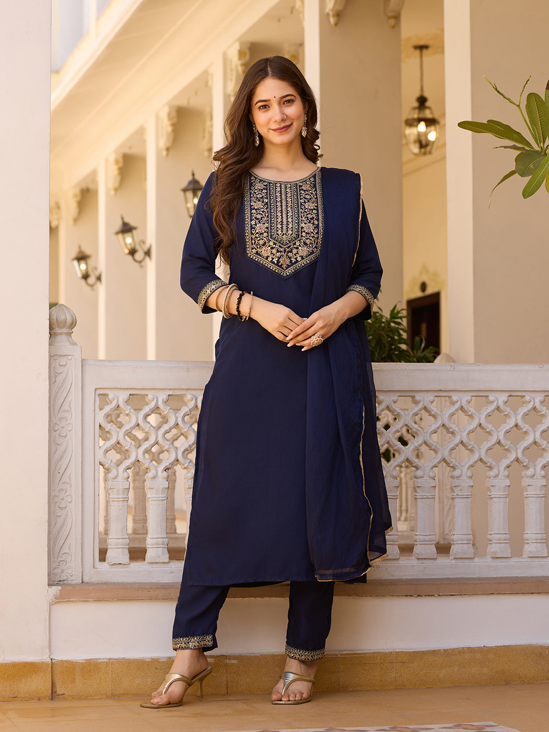 Navy Blue Rayon Straight Kurta Pant Set with Dupatta
