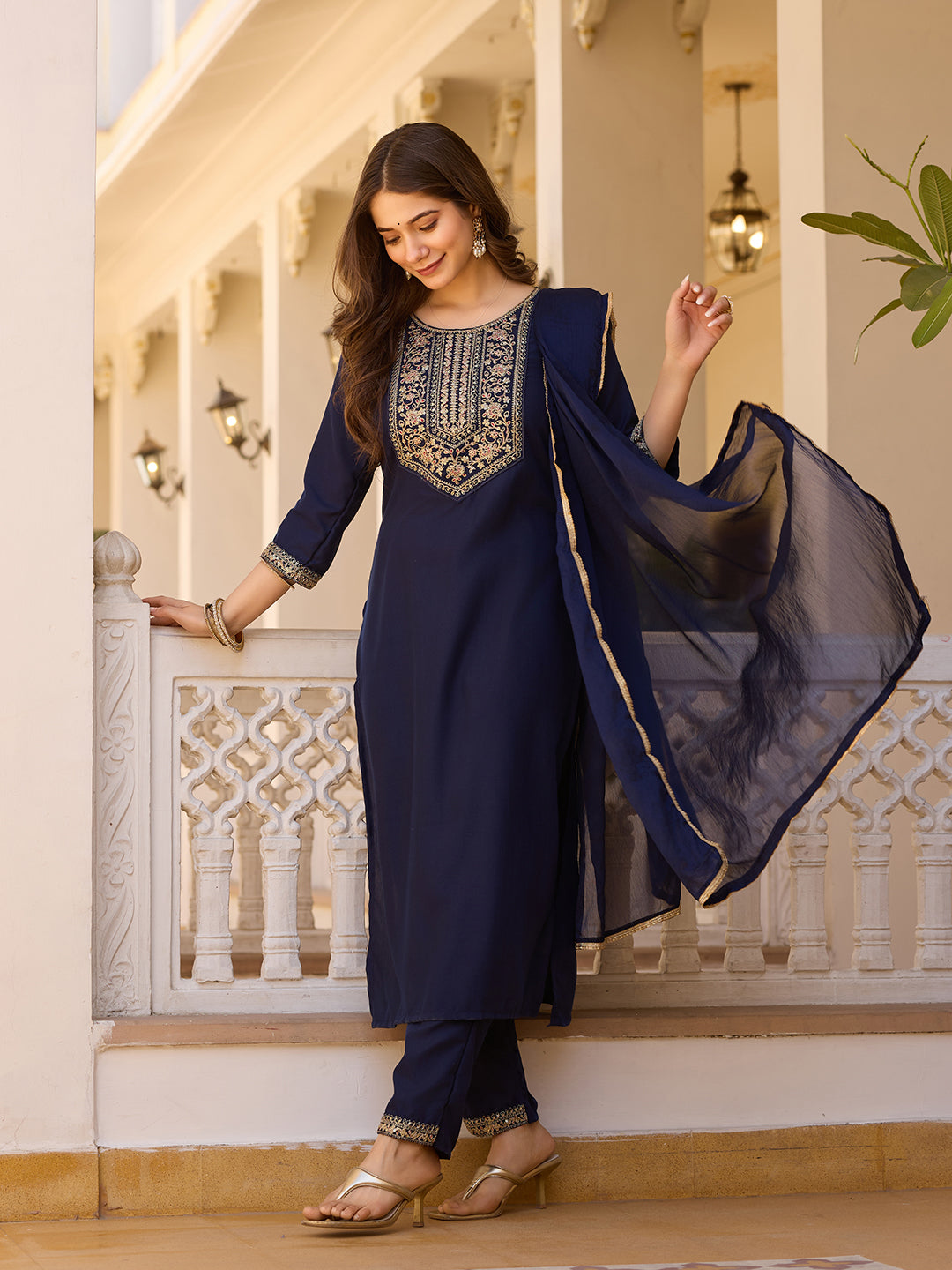 Navy Blue Rayon Straight Kurta Pant Set with Dupatta