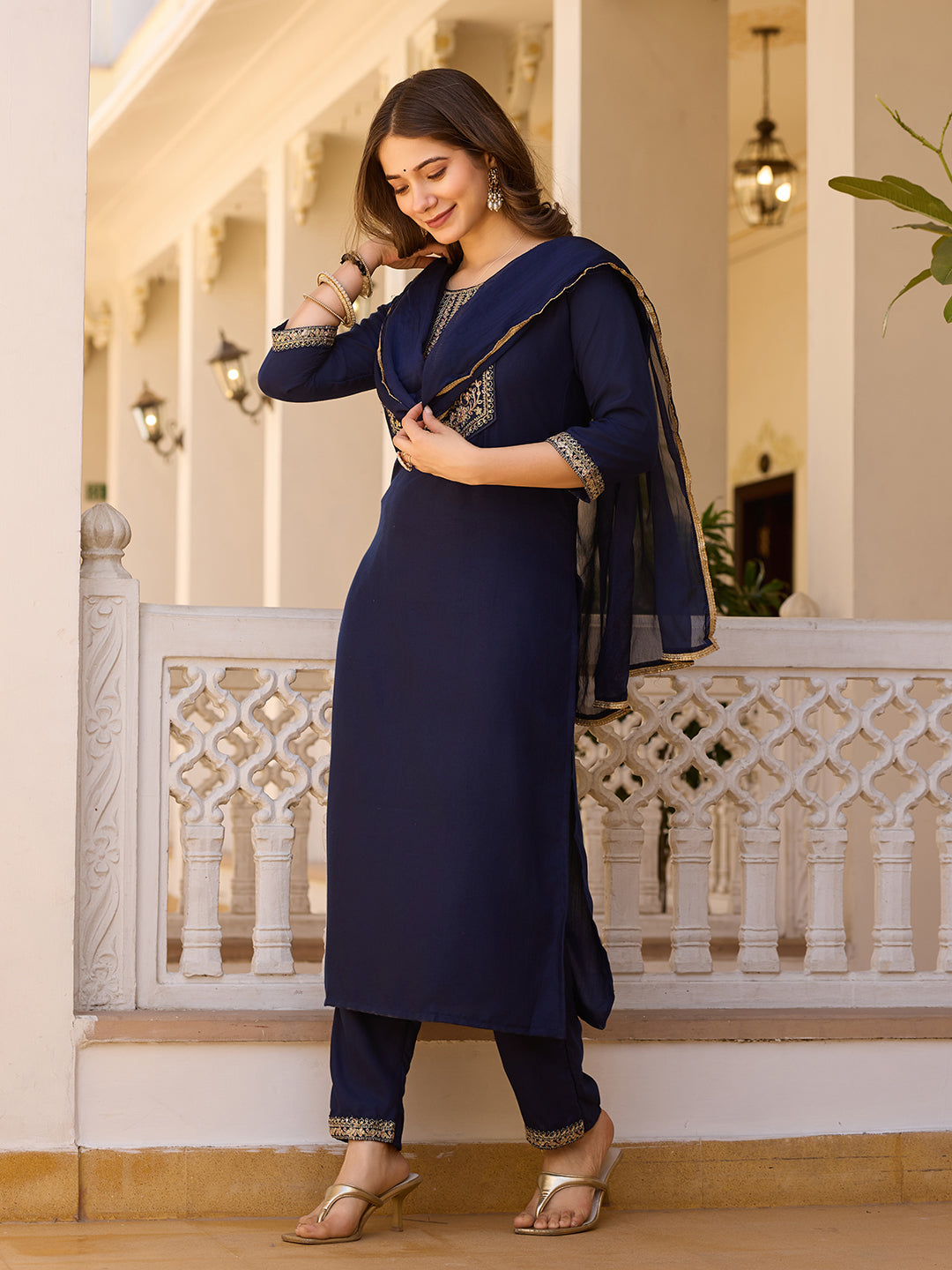 Navy Blue Rayon Straight Kurta Pant Set with Dupatta
