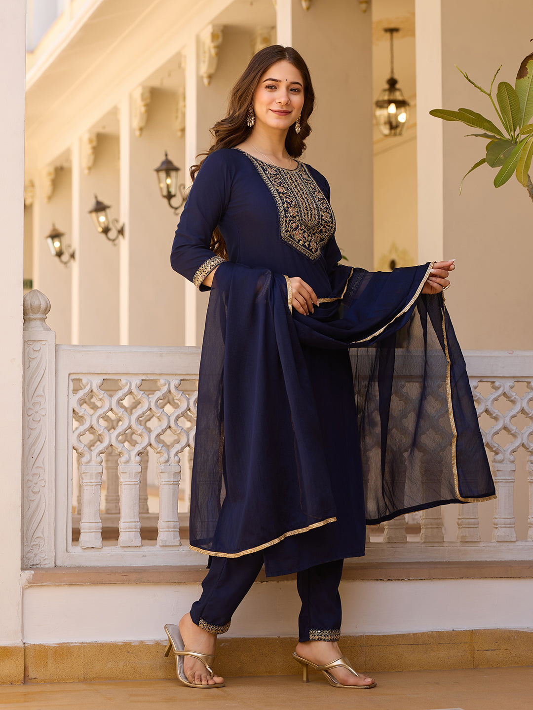 Navy Blue Rayon Straight Kurta Pant Set with Dupatta