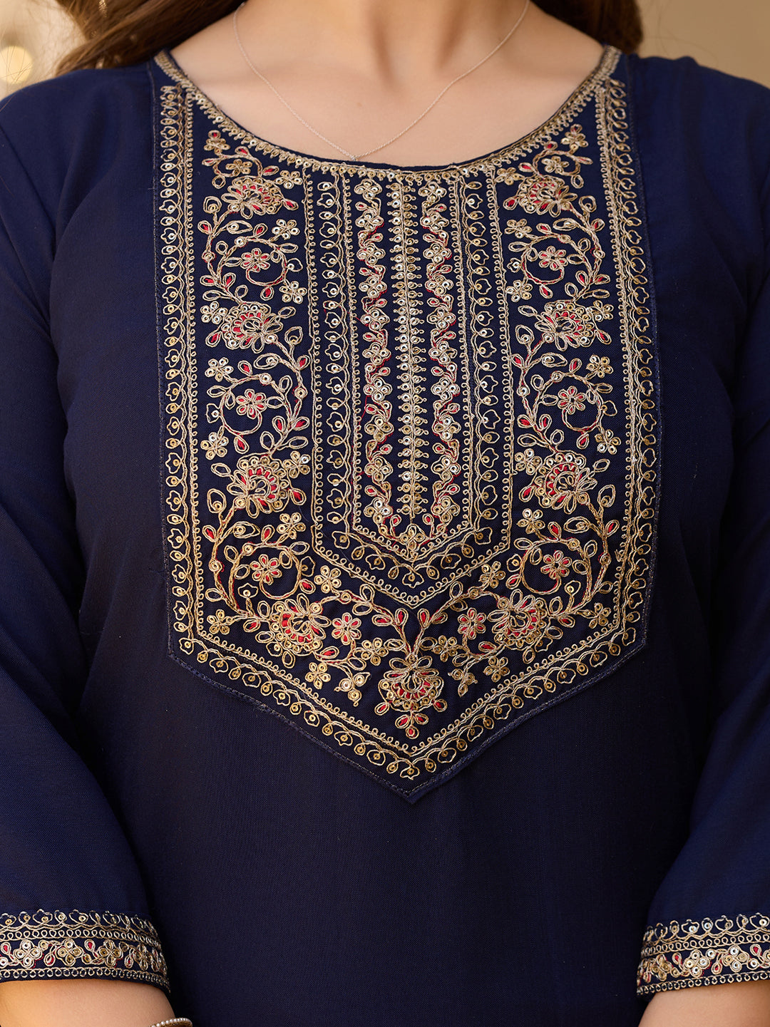 Navy Blue Rayon Straight Kurta Pant Set with Dupatta