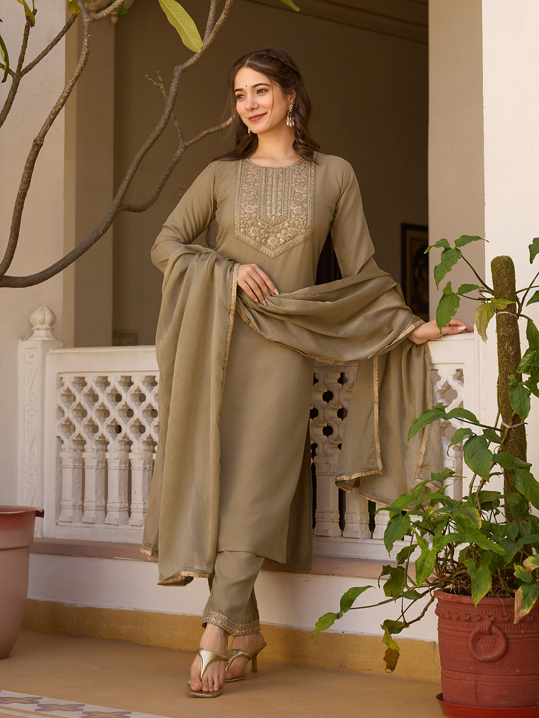 Beige Rayon Straight Kurta Pant Set with Dupatta