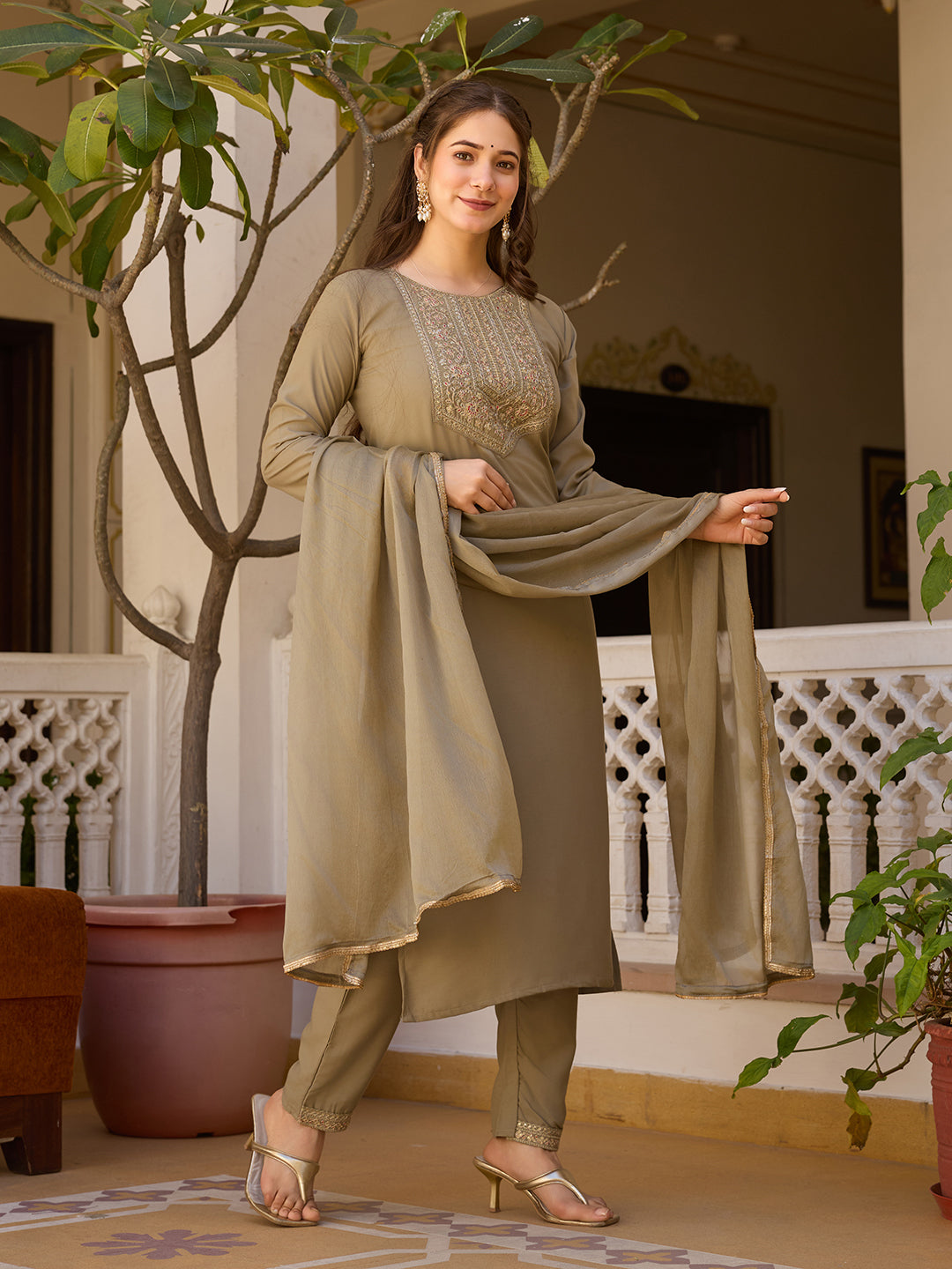 Beige Rayon Straight Kurta Pant Set with Dupatta