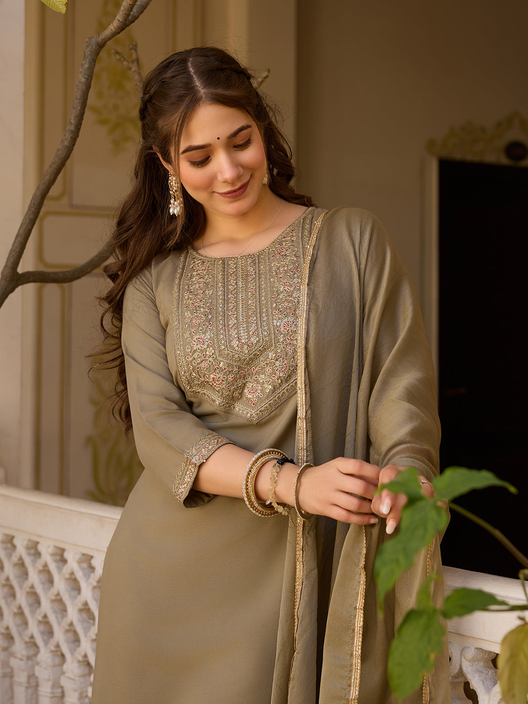 Beige Rayon Straight Kurta Pant Set with Dupatta