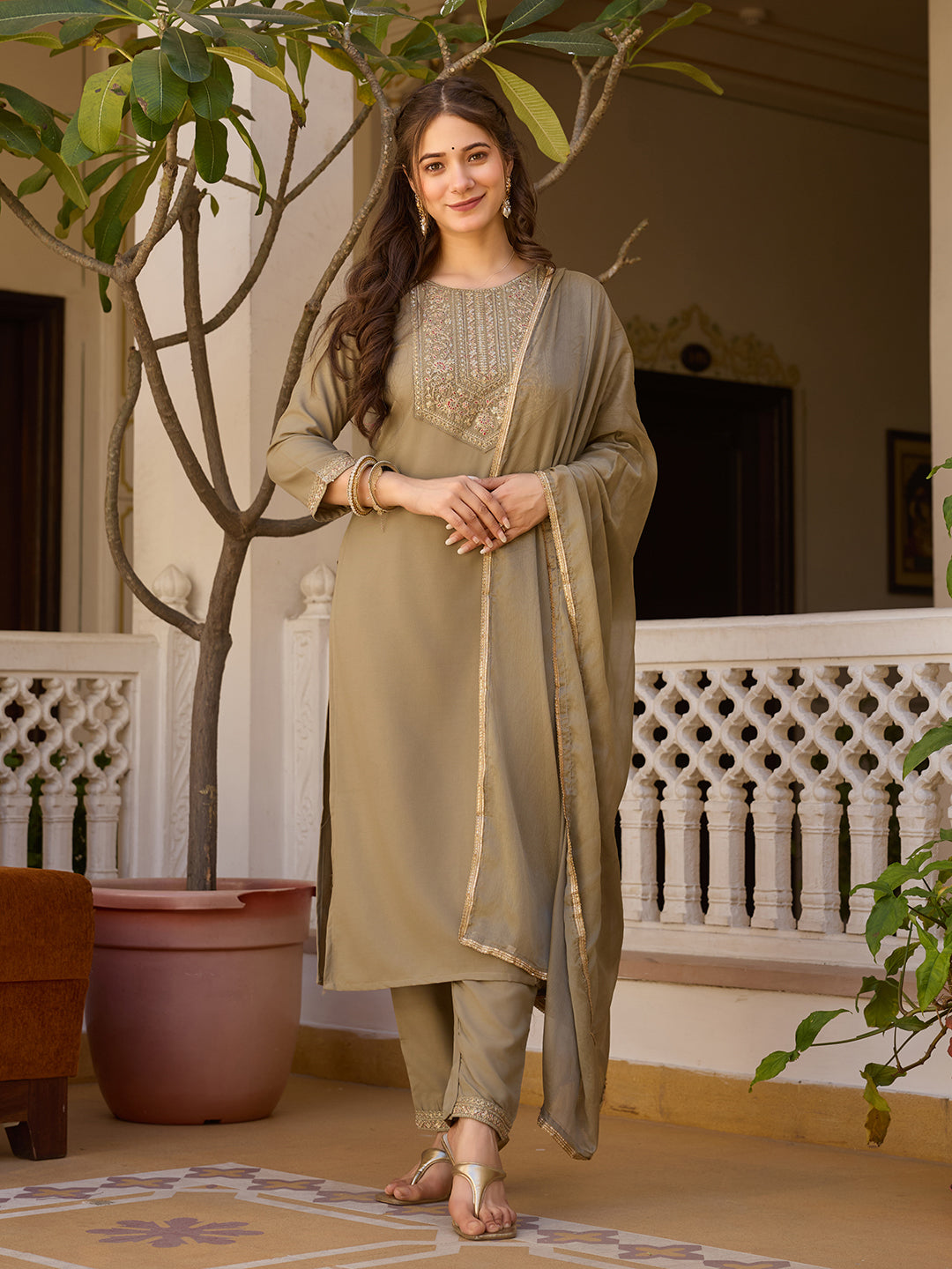 Beige Rayon Straight Kurta Pant Set with Dupatta