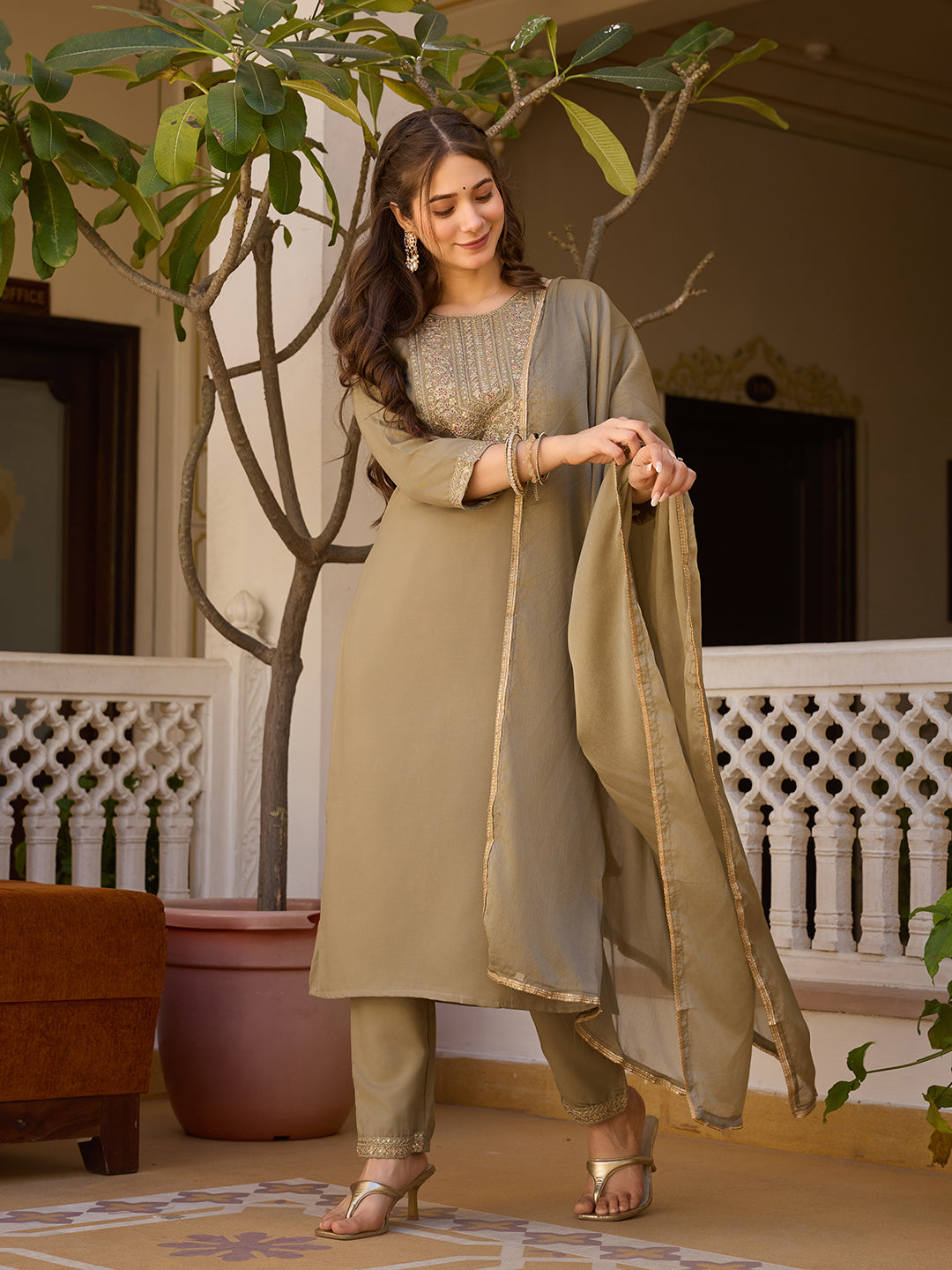 Beige Rayon Straight Kurta Pant Set with Dupatta