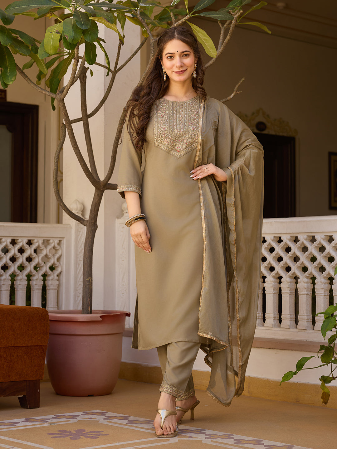 Beige Rayon Straight Kurta Pant Set with Dupatta