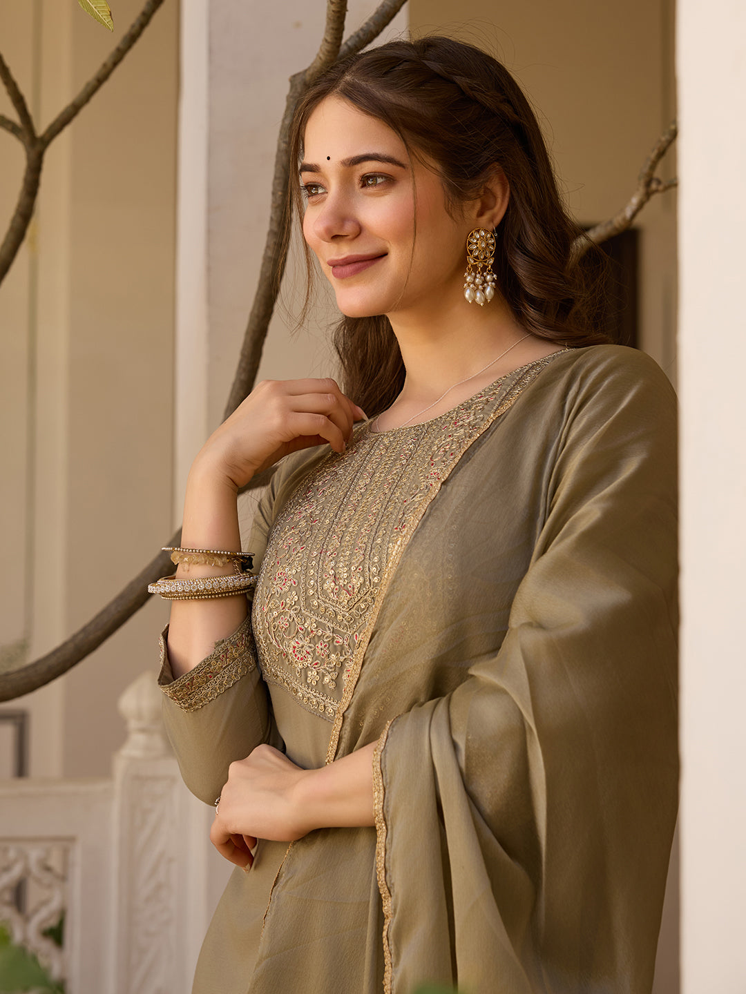 Beige Rayon Straight Kurta Pant Set with Dupatta