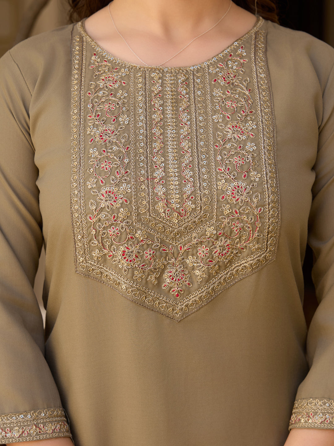 Beige Rayon Straight Kurta Pant Set with Dupatta