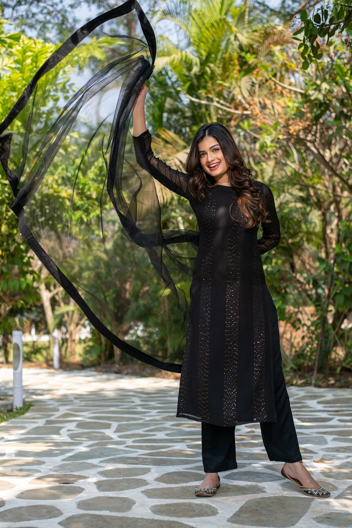 Black Georgette Sequins Embroidered Straight Kurta Pant Set with Dupatta