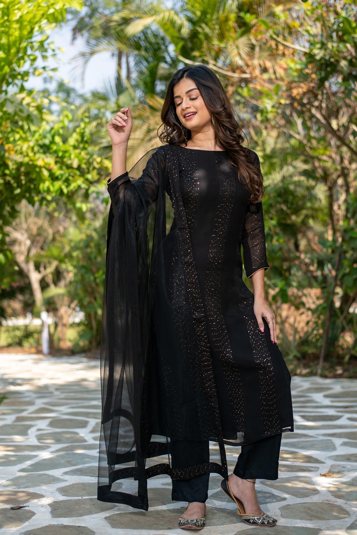Black Georgette Sequins Embroidered Straight Kurta Pant Set with Dupatta