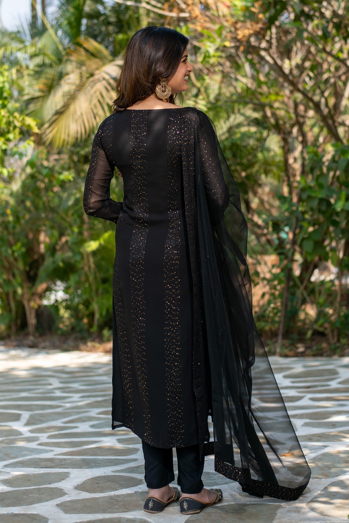 Black Georgette Sequins Embroidered Straight Kurta Pant Set with Dupatta