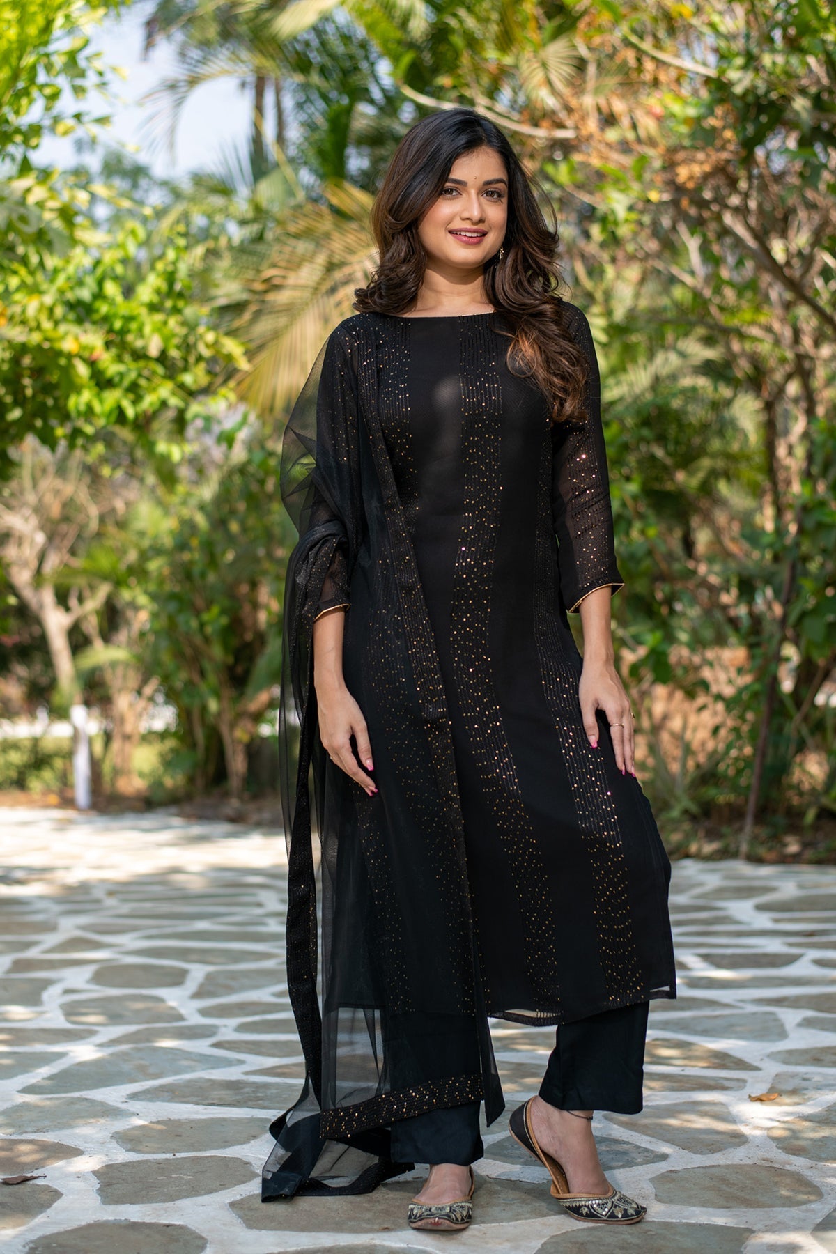 Black Georgette Sequins Embroidered Straight Kurta Pant Set with Dupatta