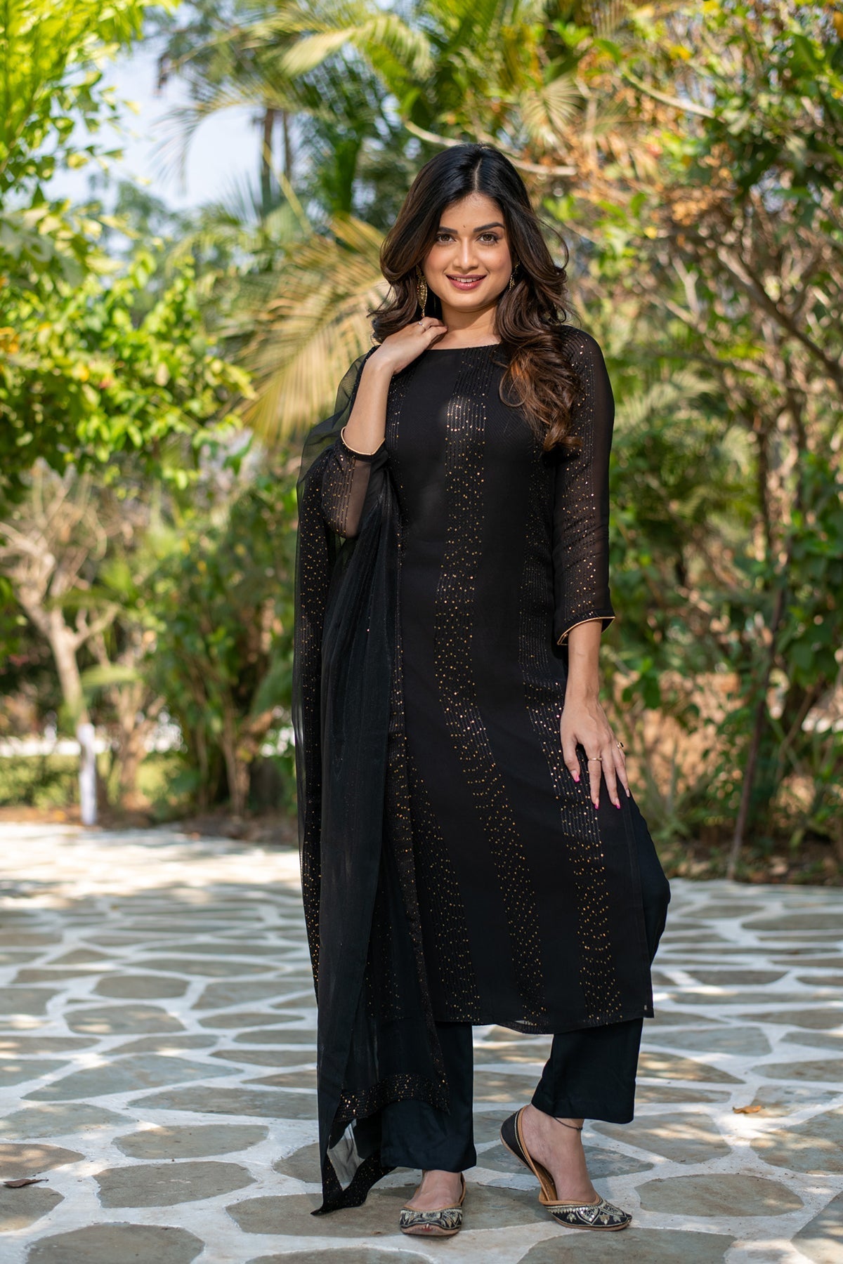 Black Georgette Sequins Embroidered Straight Kurta Pant Set with Dupatta