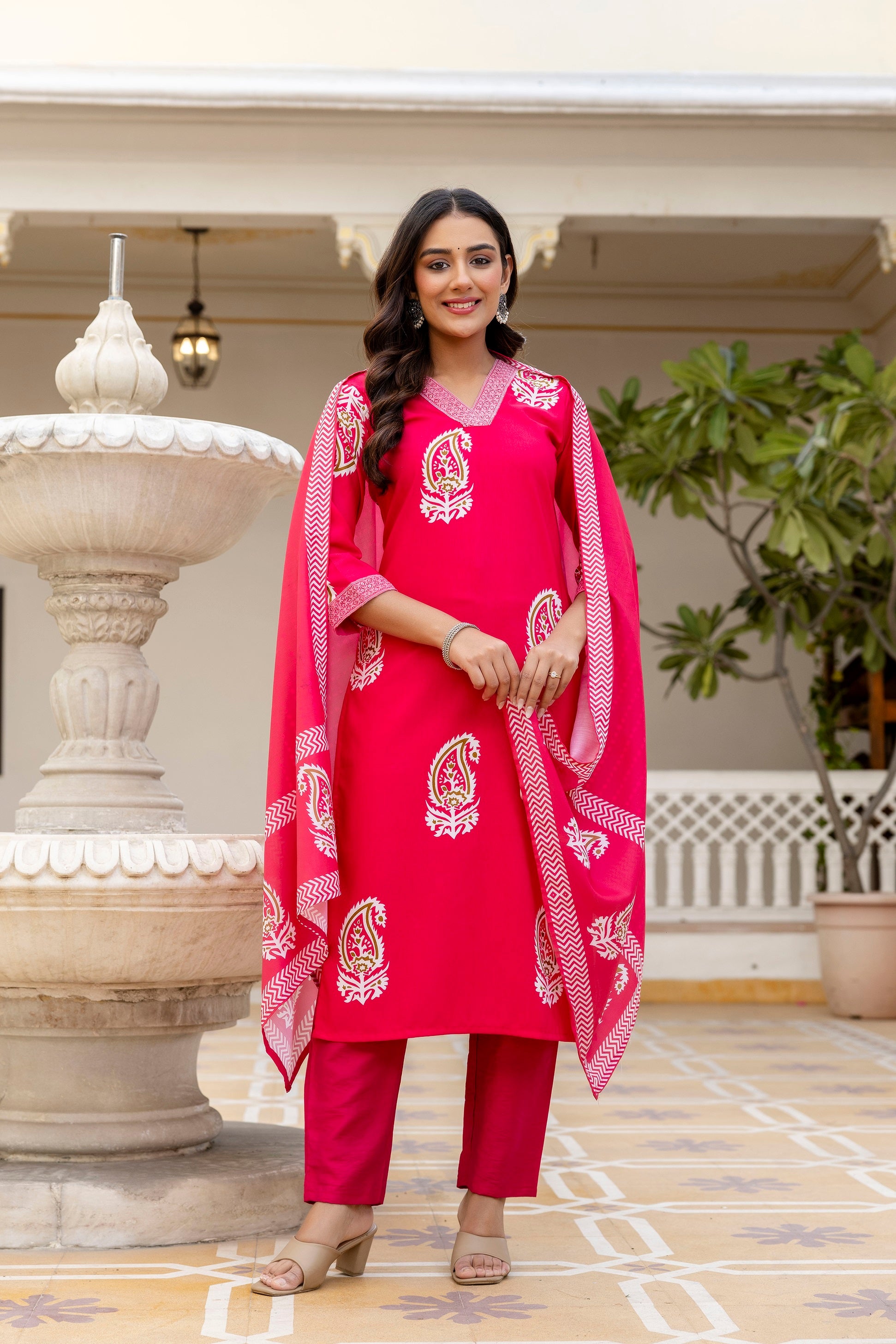 Pink Rayon Paisley Printed Straight Kurta Pant Set with Dupatta
